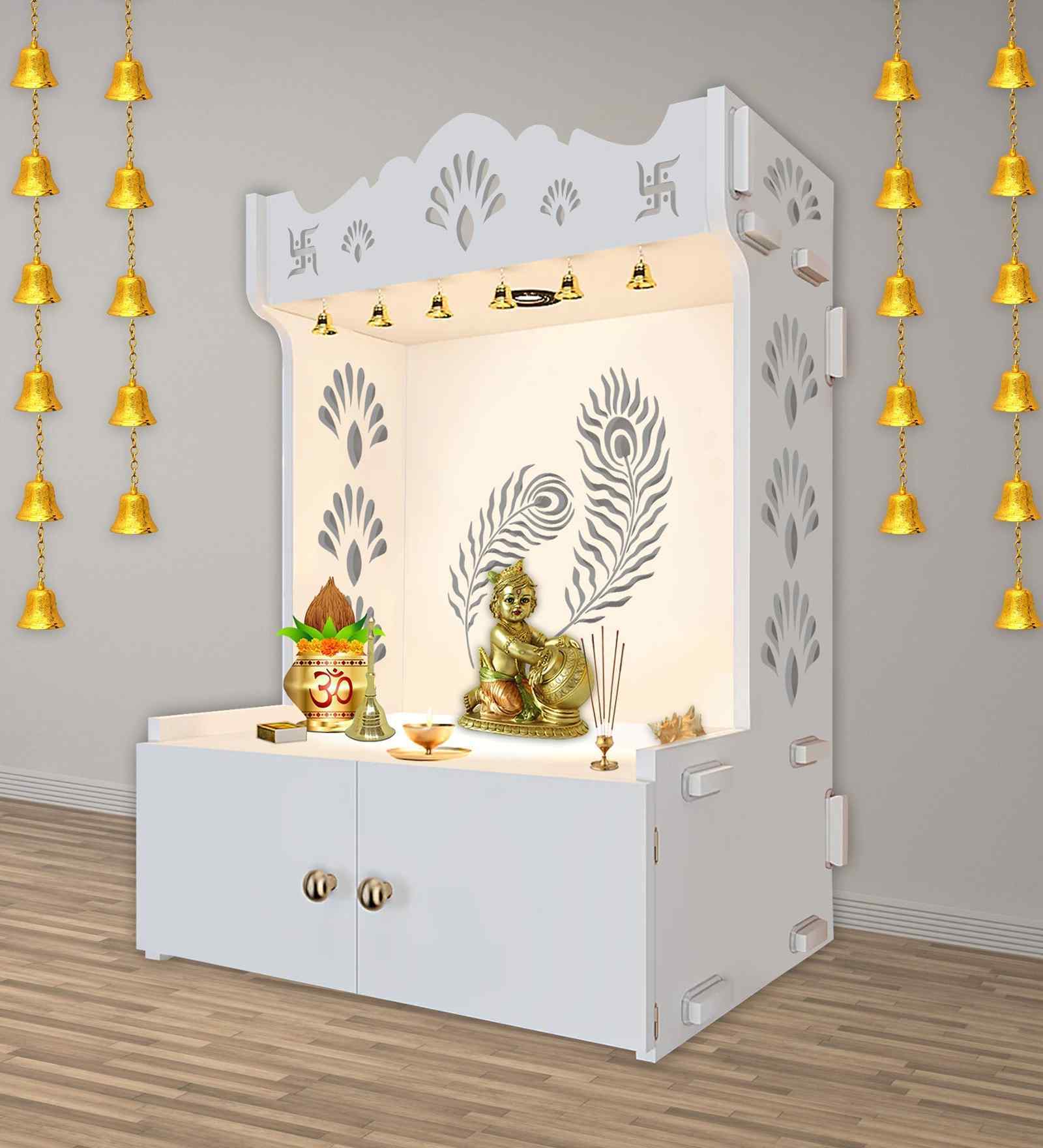 White Finish Art of Mor Pankh Floor Temple with Spacious Wooden Shelf & Inbuilt Focus Light