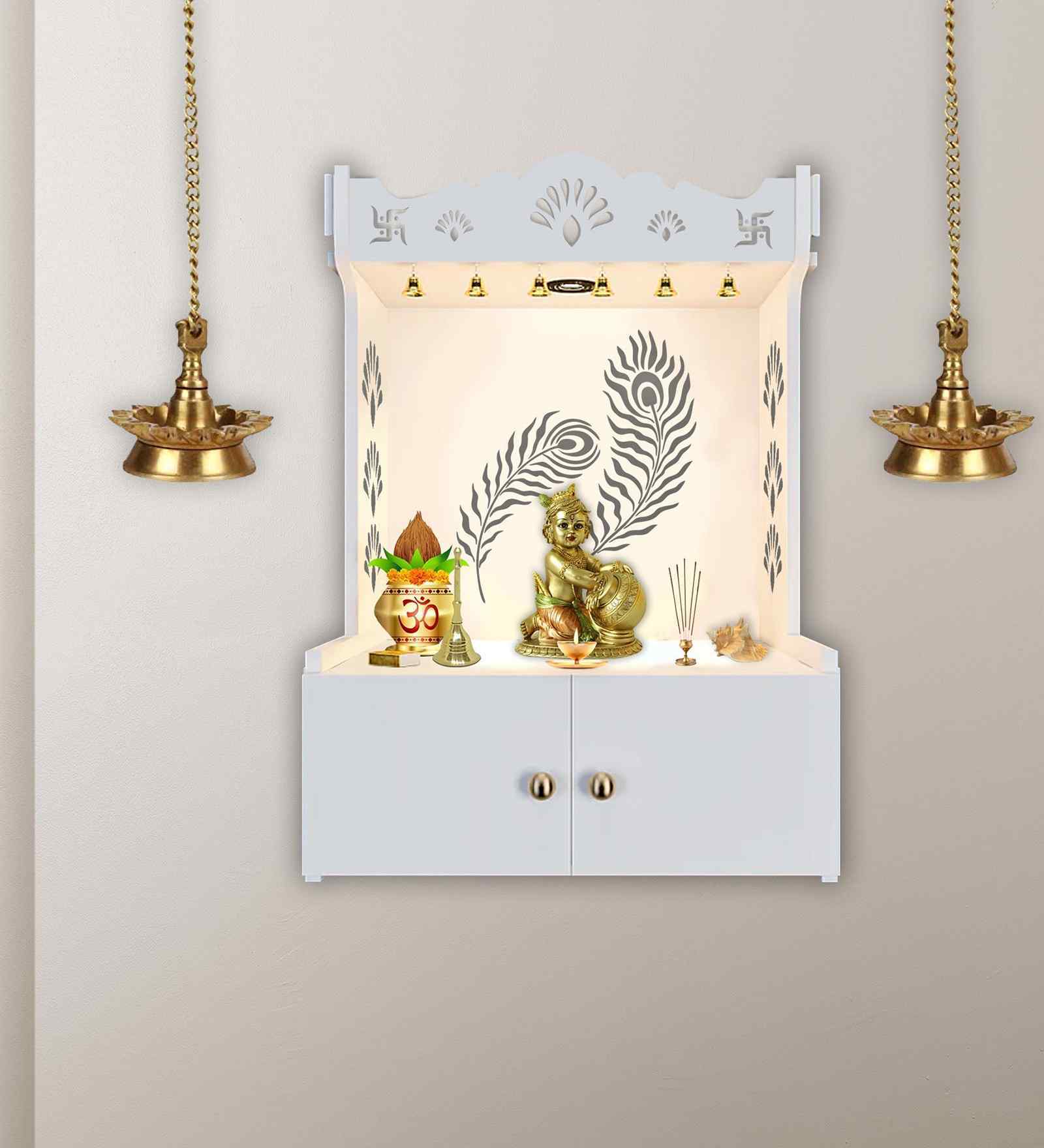 Premium Art of Mor Pankh White Wooden Temple for Home with Inbuilt Focus Light & Spacious Shelf