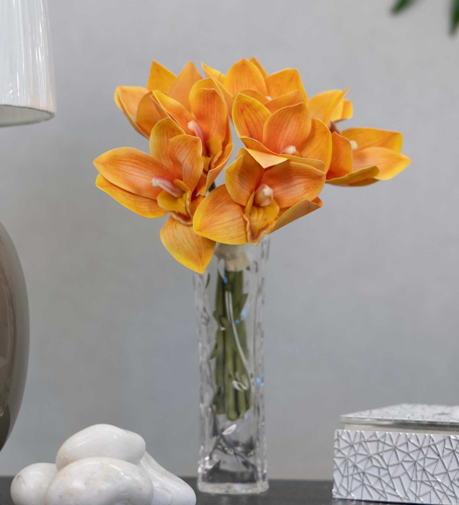 Premium Artificial Orchid Flower Bunch with 6 Flower Heads (Orange)