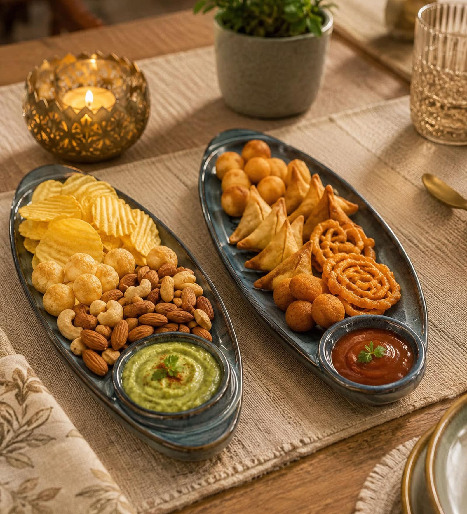 Blue Ceramic Sizzler Platter With Dip Section (Set Of 2)