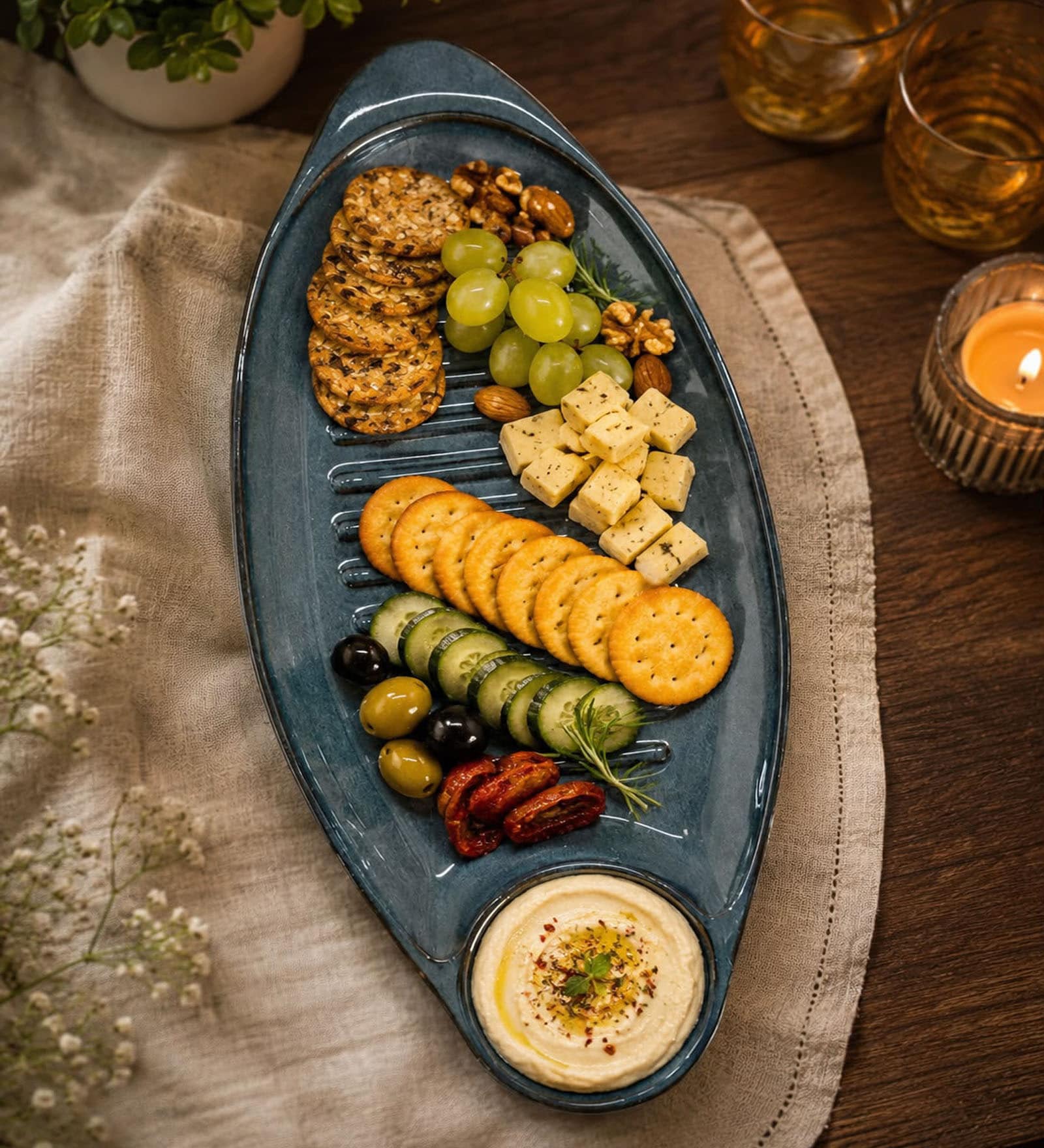 Blue Ceramic Sizzler Platter With Dip Section
