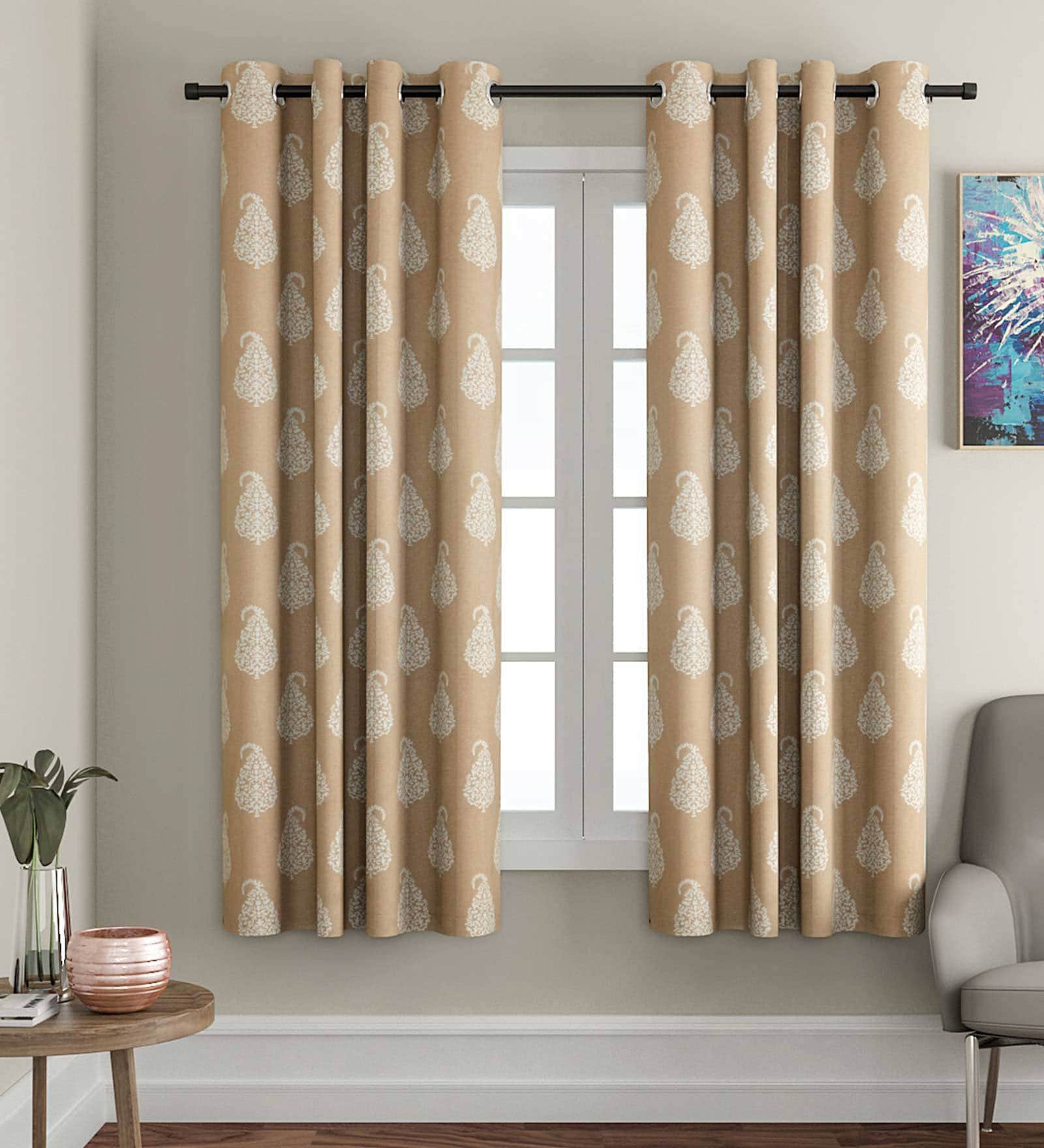 Beige Traditional Cotton 5 Ft Light Filtering Eyelet Window Curtain