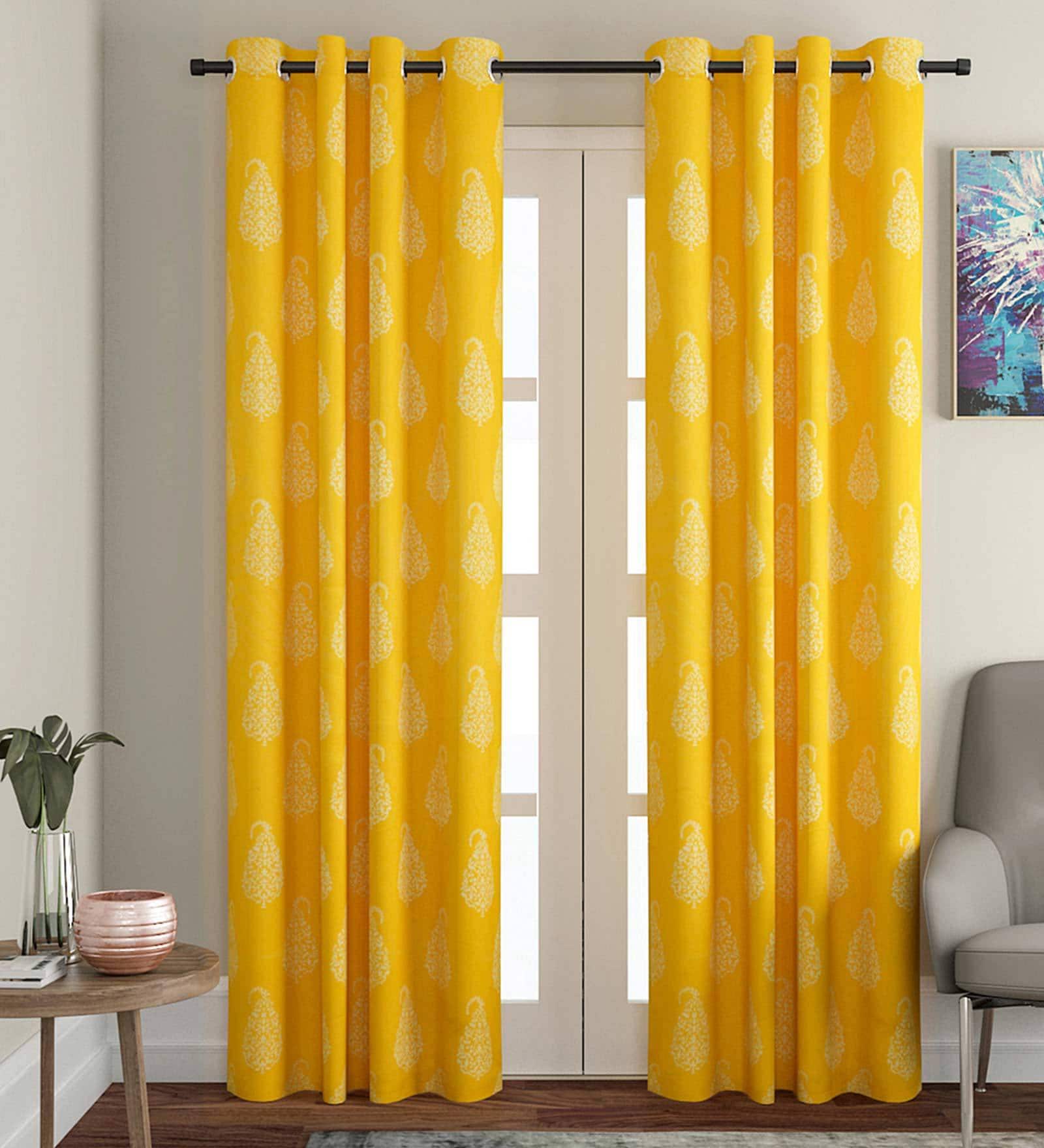 Yellow Traditional Cotton 9 Ft Light Filtering Eyelet Door Curtain