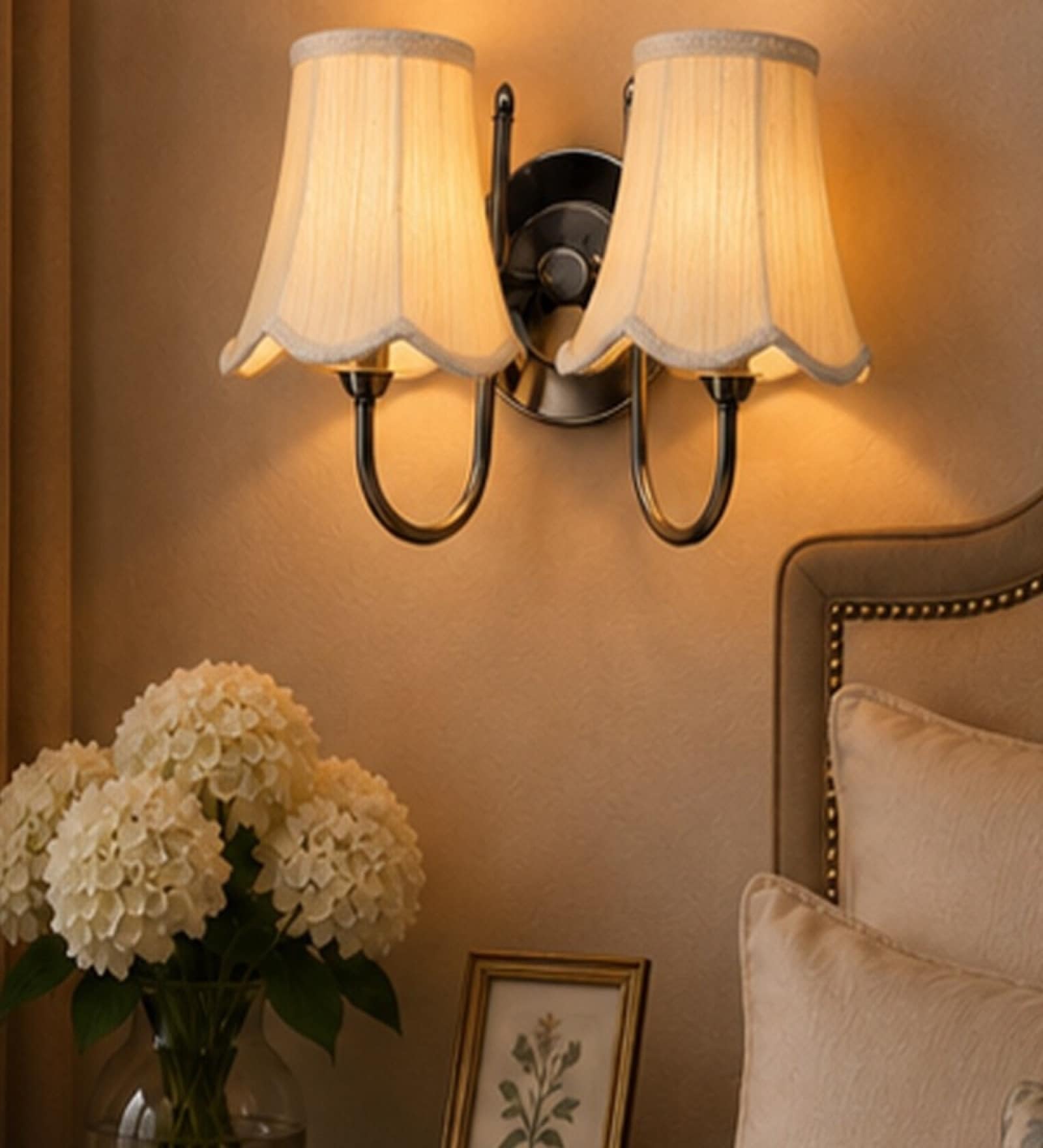 Premium Dual Steel Wall Lamp   Off-White Cotton Shade | Bedroom Lighting