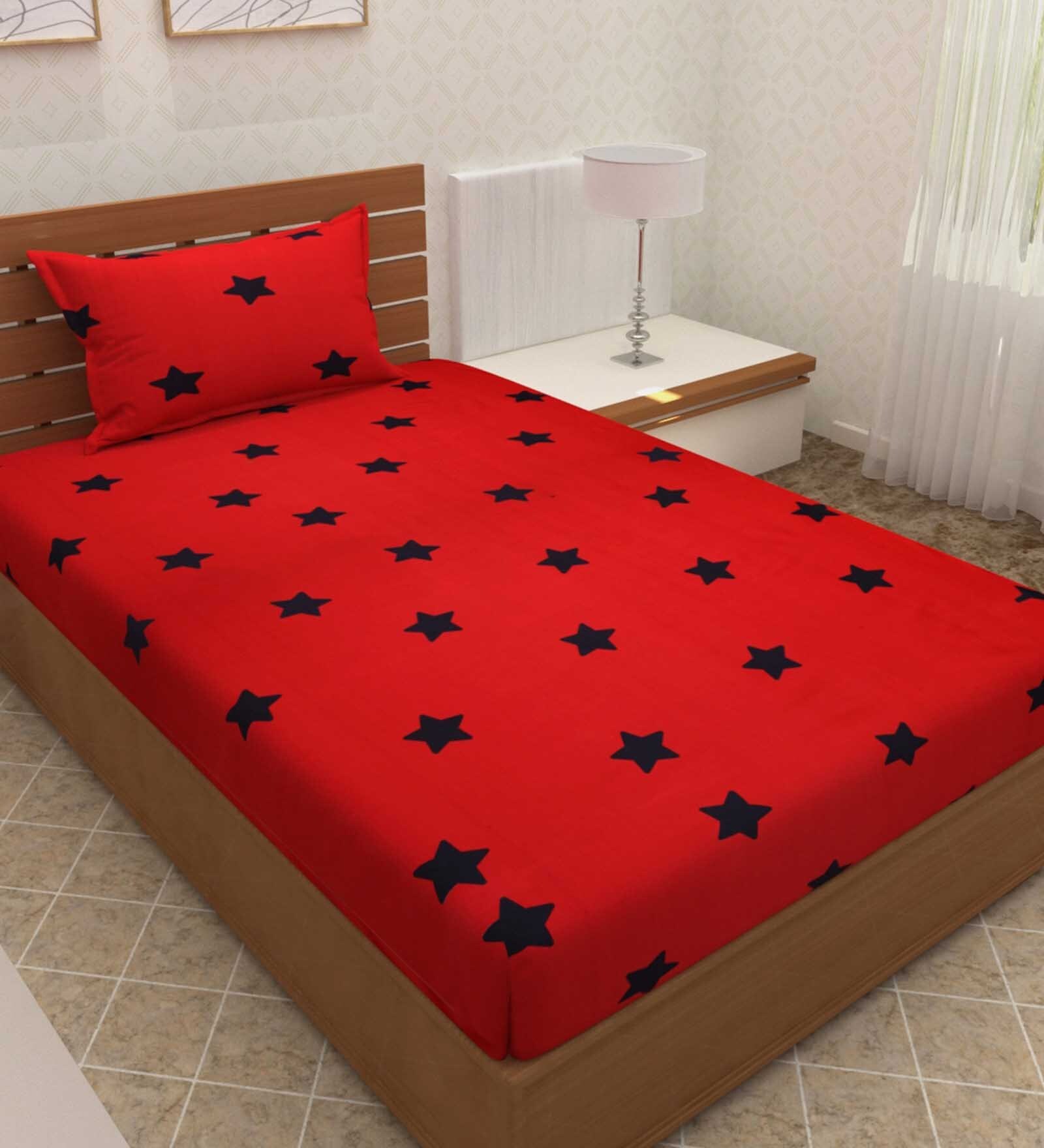 Red Geometric 200 TC Poly Cotton 1 Single Bedhseet with 1 Pillow Cover