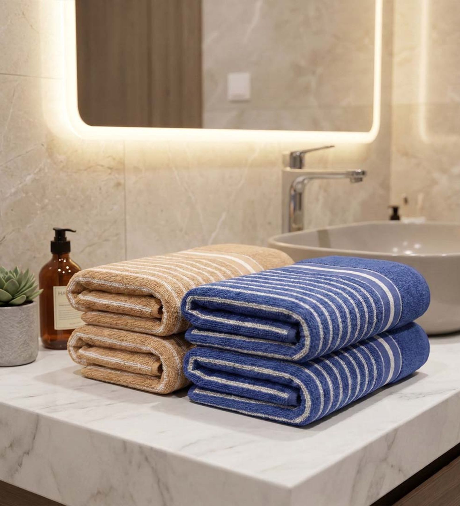 Beige & Blue 100% Cotton 400 Gsm Hand Towels Pack Of 4