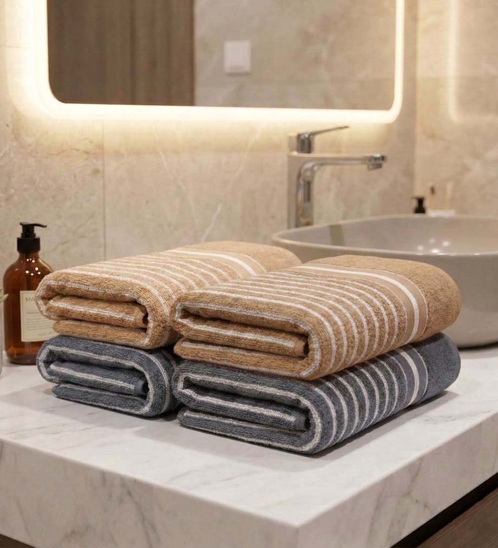 Beige & Grey 100% Cotton 400 Gsm Hand Towels Pack Of 4