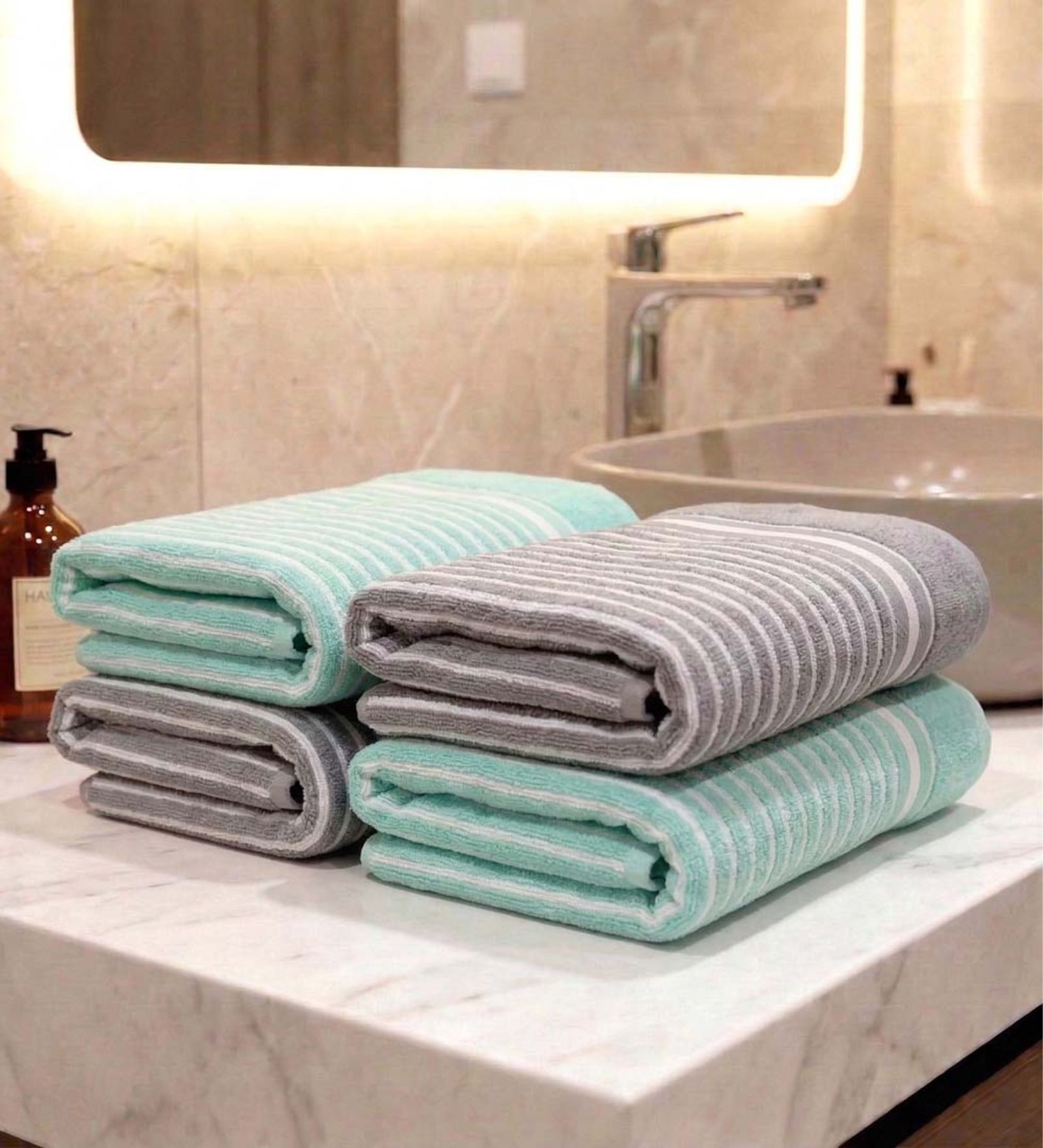 Grey And Sea Green Grey 100% Cotton 400 Gsm Hand Towels Pack Of 4