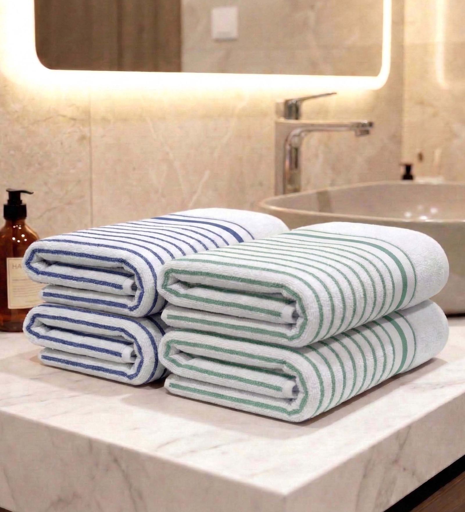 White With Blue & Sea Green Stripes 100% Cotton 400 Gsm Hand Towels Pack Of 4