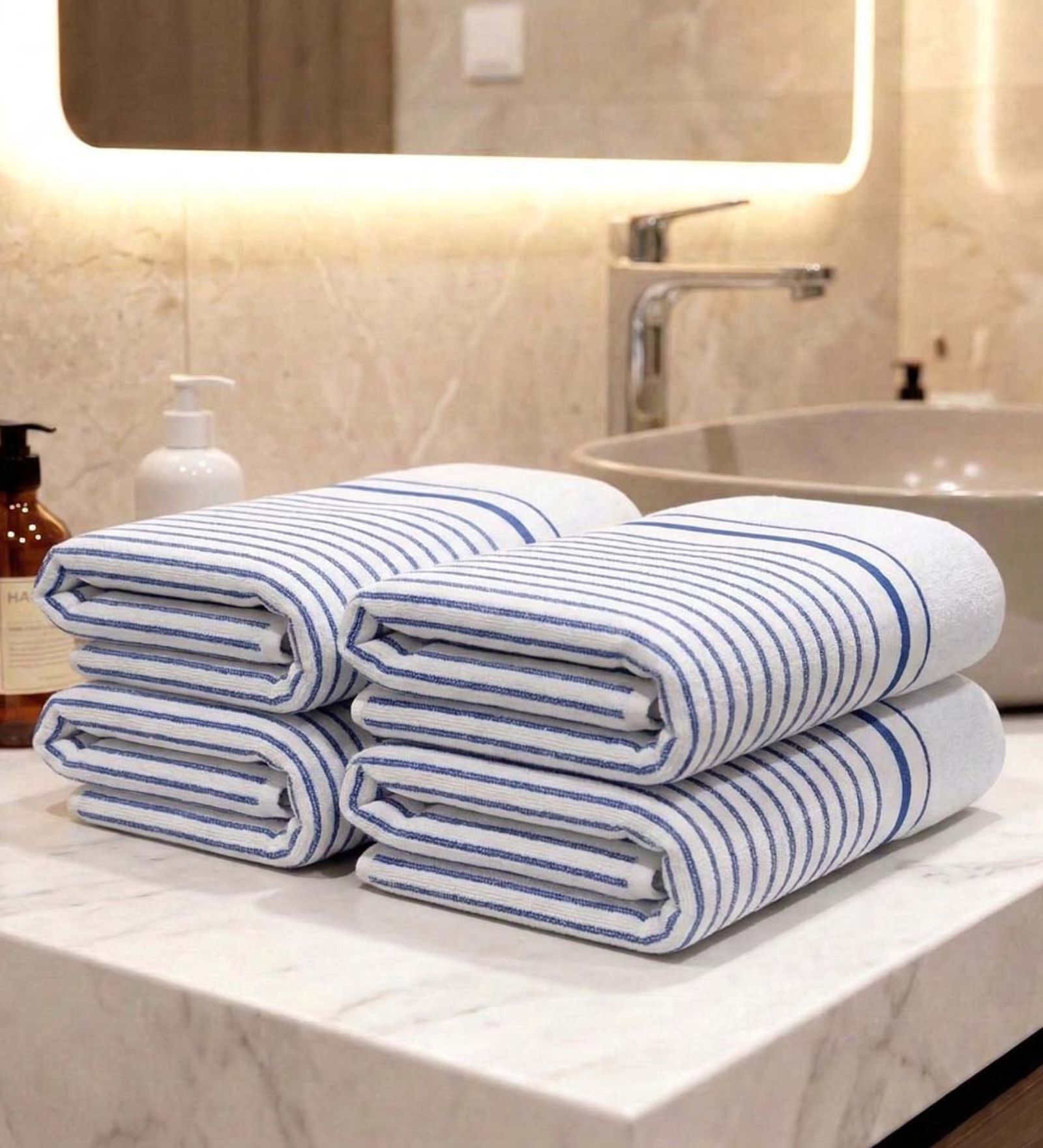 White With Blue Stripes 100% Cotton 400 Gsm Hand Towels Pack Of 4