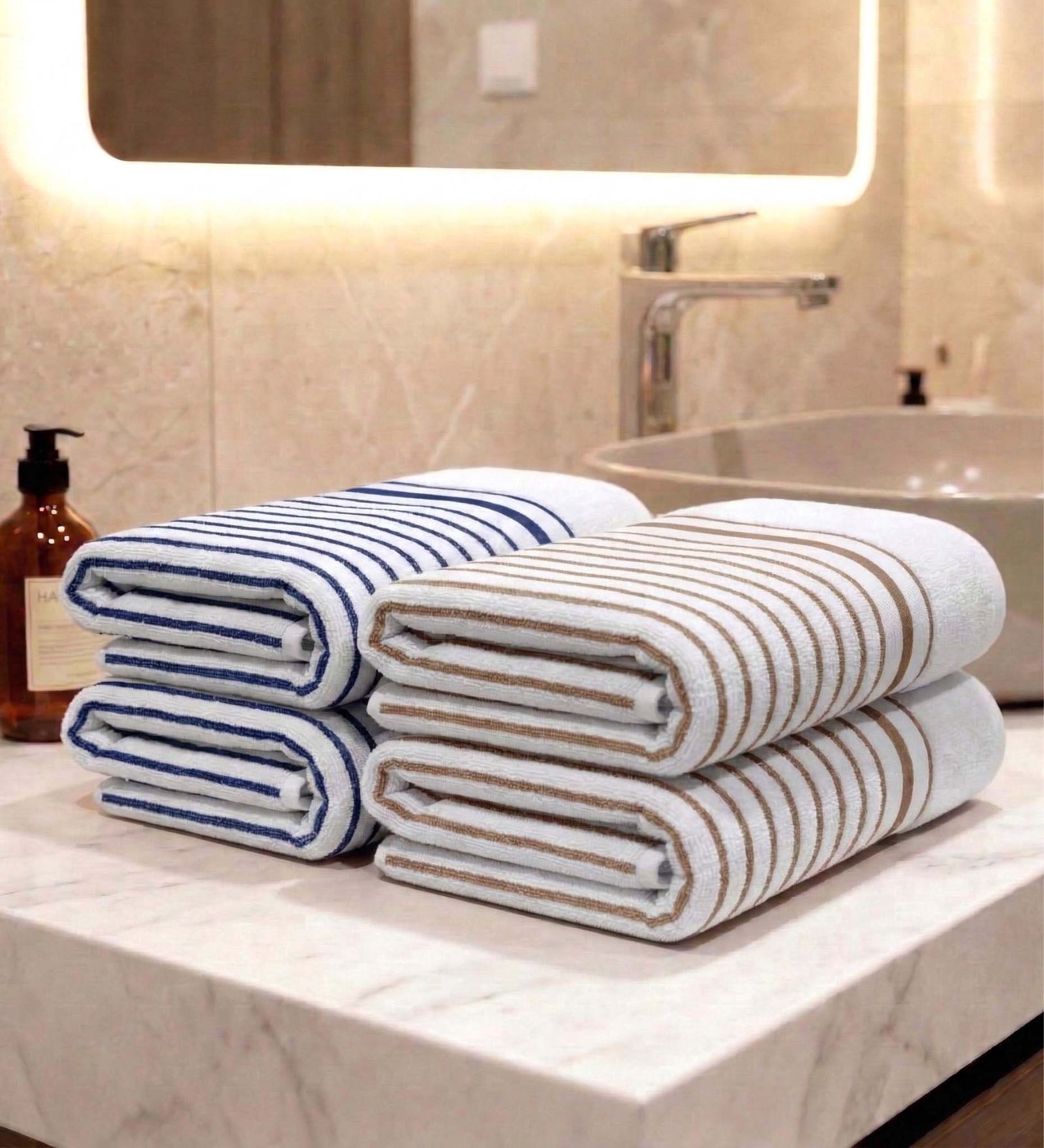 White With Brown & Blue Stripes 100% Cotton 400 Gsm Hand Towels Pack Of 4