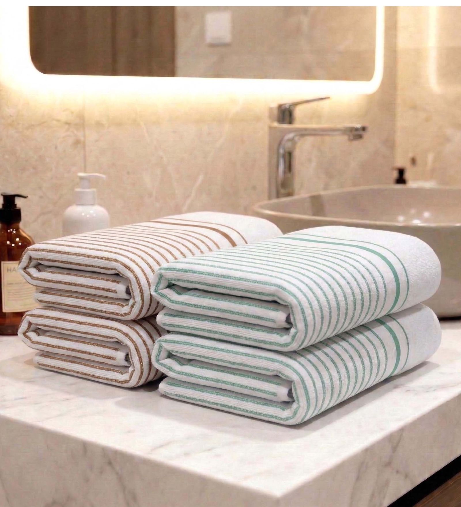 White With Brown & Sea Green Stripes 100% Cotton 400 Gsm Hand Towels Pack Of 4