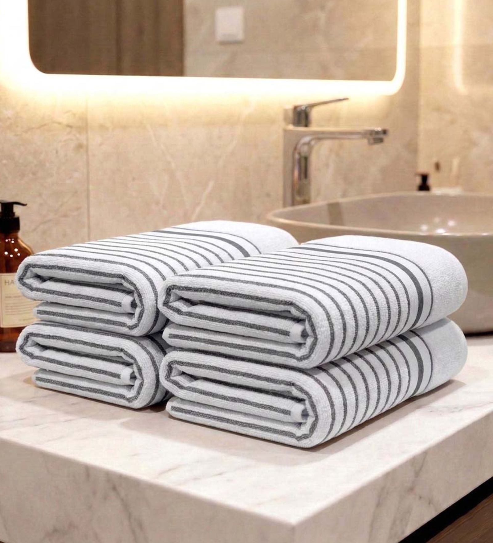 White With Grey Stripes 100% Cotton 400 Gsm Hand Towels Pack Of 4