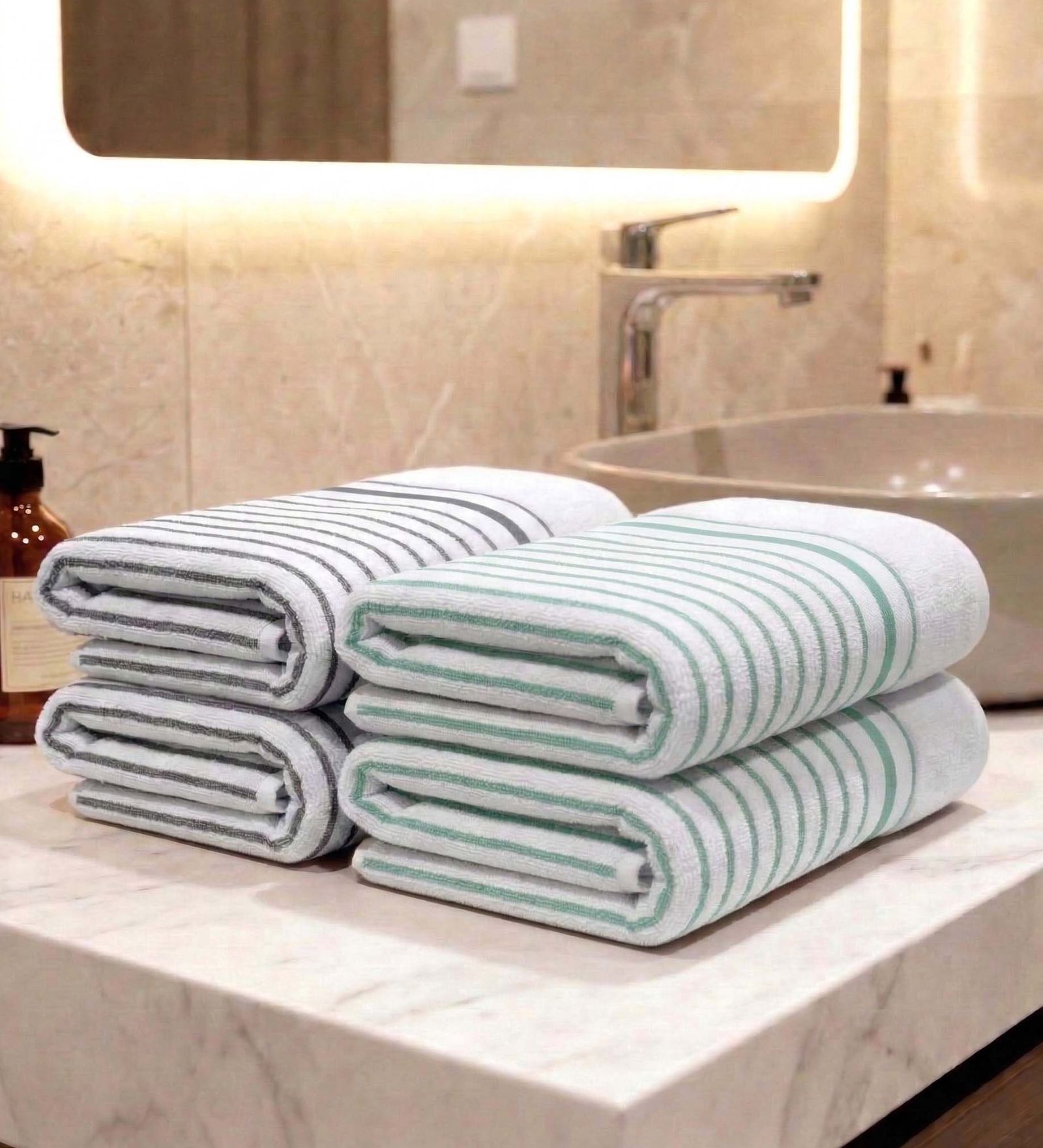 White With Sea Green & Grey Stripes 100% Cotton 400 Gsm Hand Towels Pack Of 4