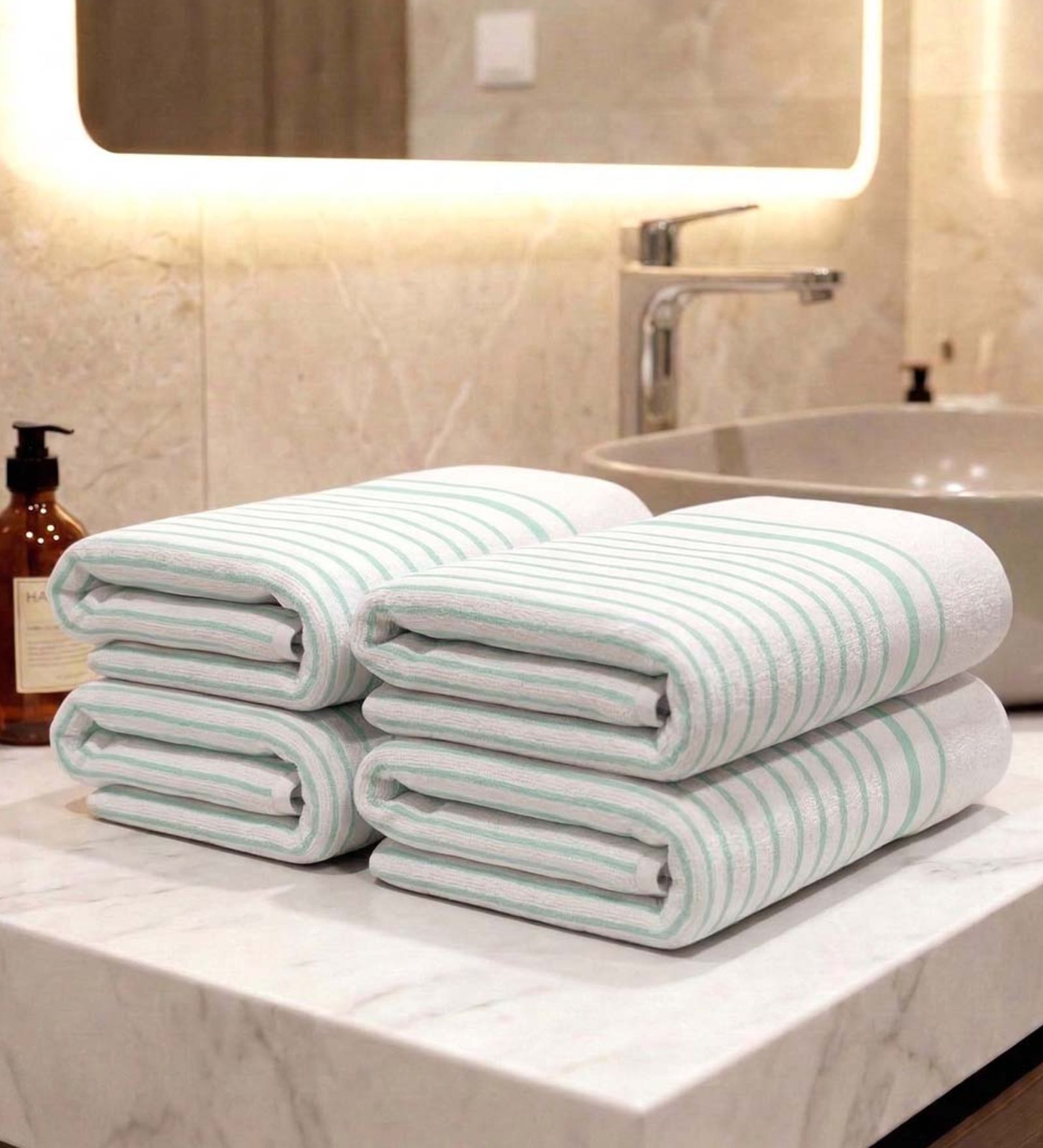 White With Sea Green 100% Cotton 400 Gsm Hand Towels Pack Of 4