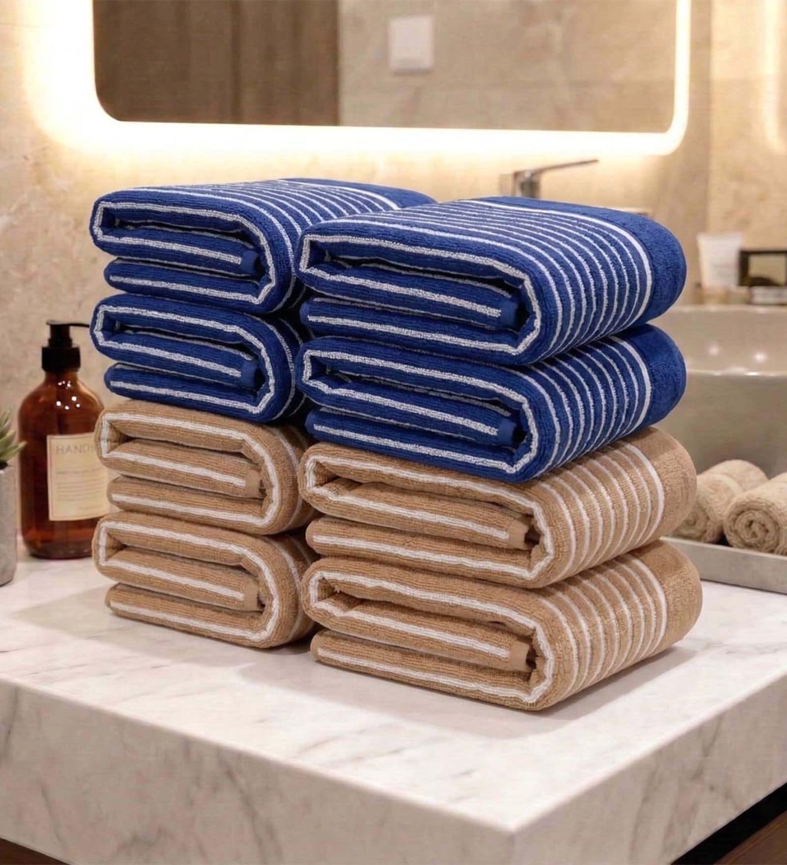 Beige & Blue 100% Cotton 400 Gsm Hand Towels Pack Of 8