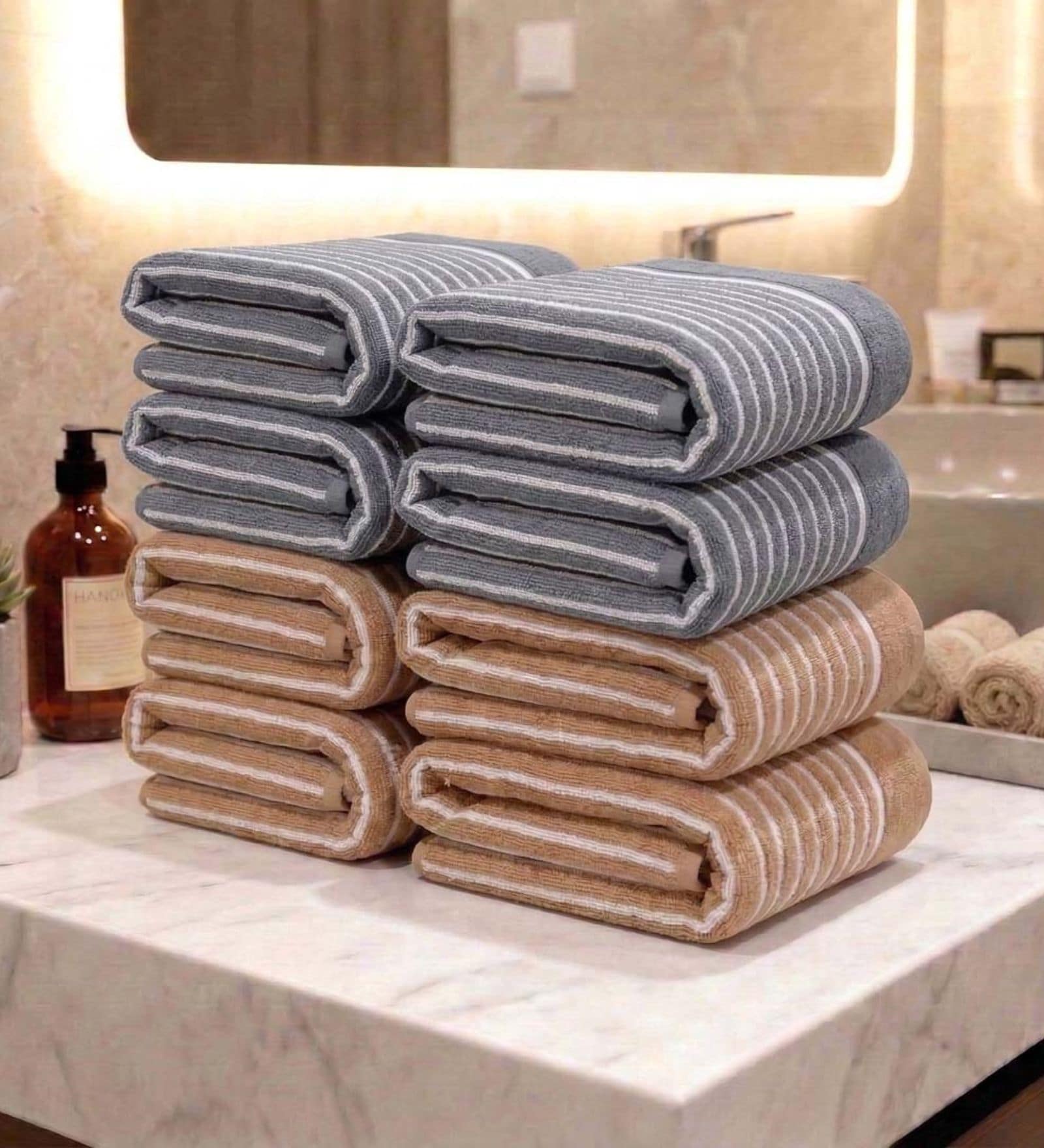 Beige & Grey 100% Cotton 400 Gsm Hand Towels Pack Of 8