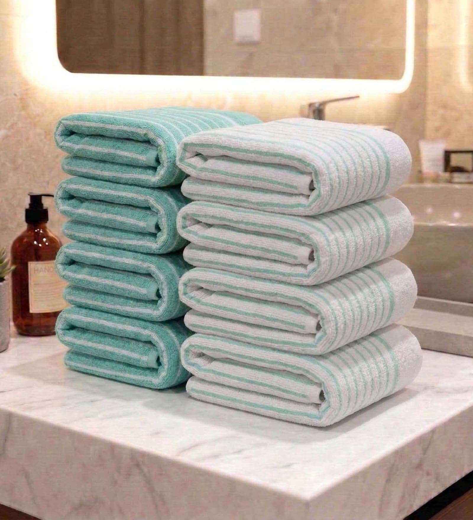 Beige & White With Brown Stripes 100% Cotton 400 Gsm Hand Towels Pack Of 8