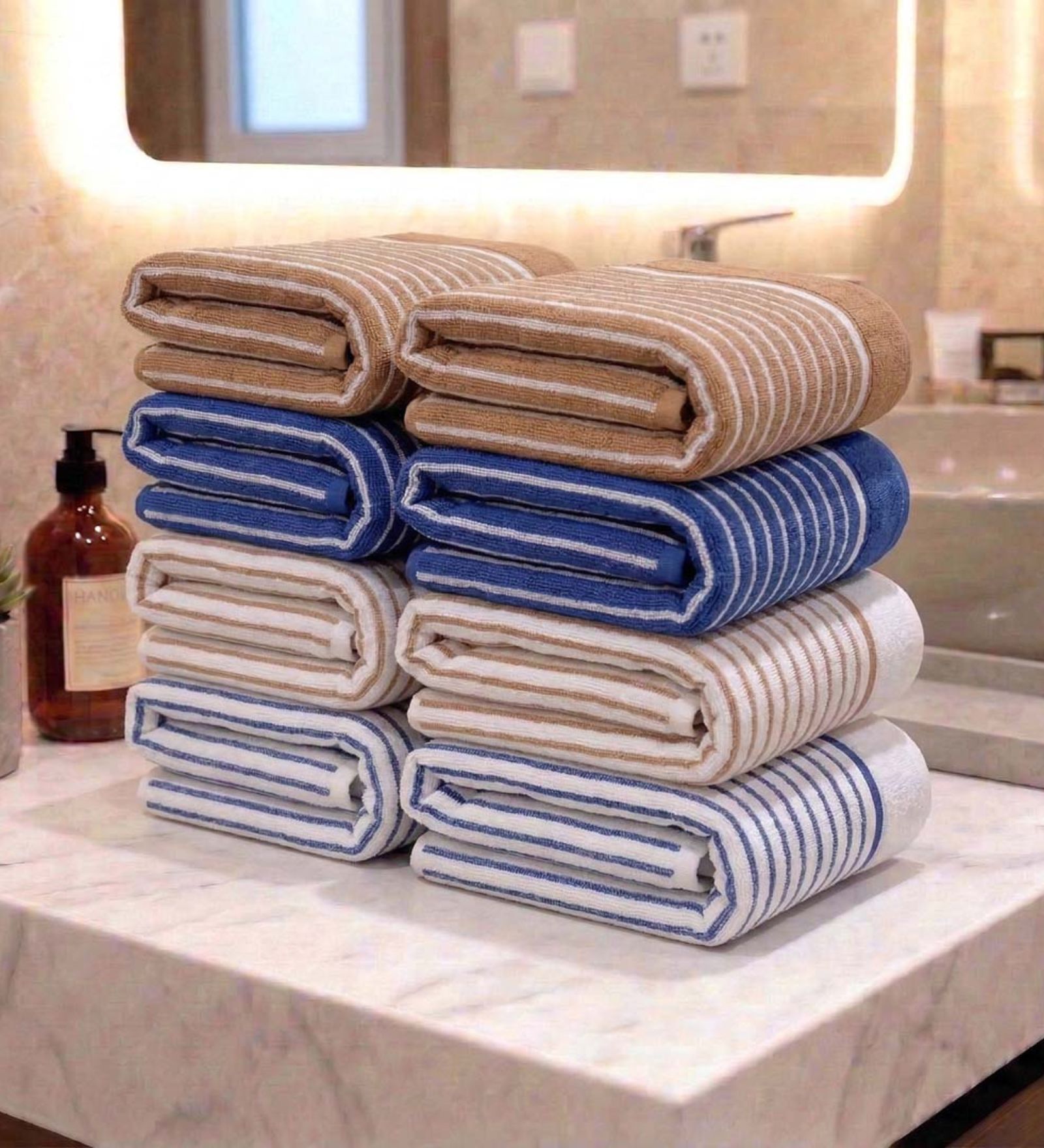 Beige, Blue And White 100% Cotton 400 Gsm Hand Towels Pack Of 8