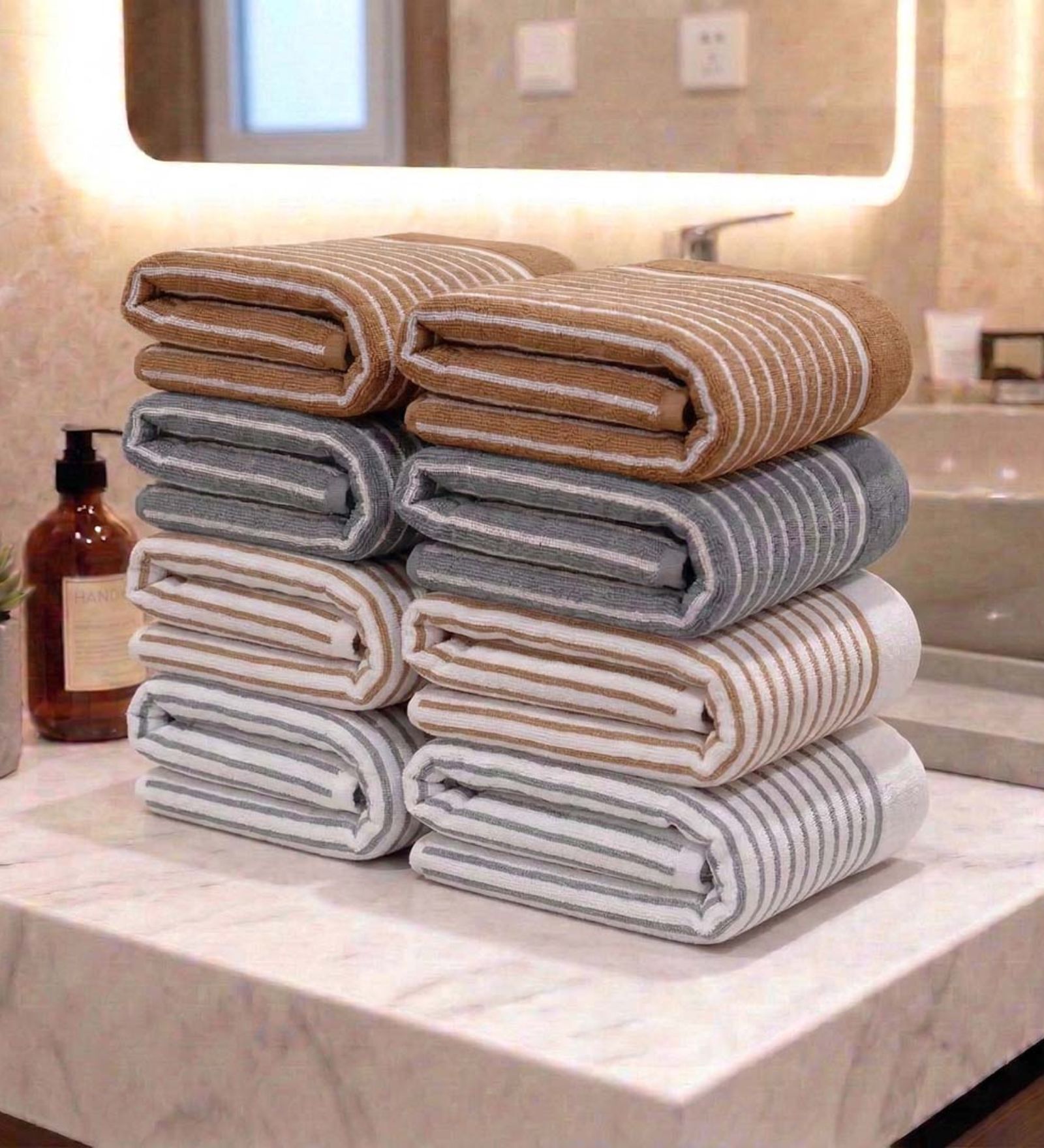 Beige, Grey And White 100% Cotton 400 Gsm Hand Towels Pack Of 8