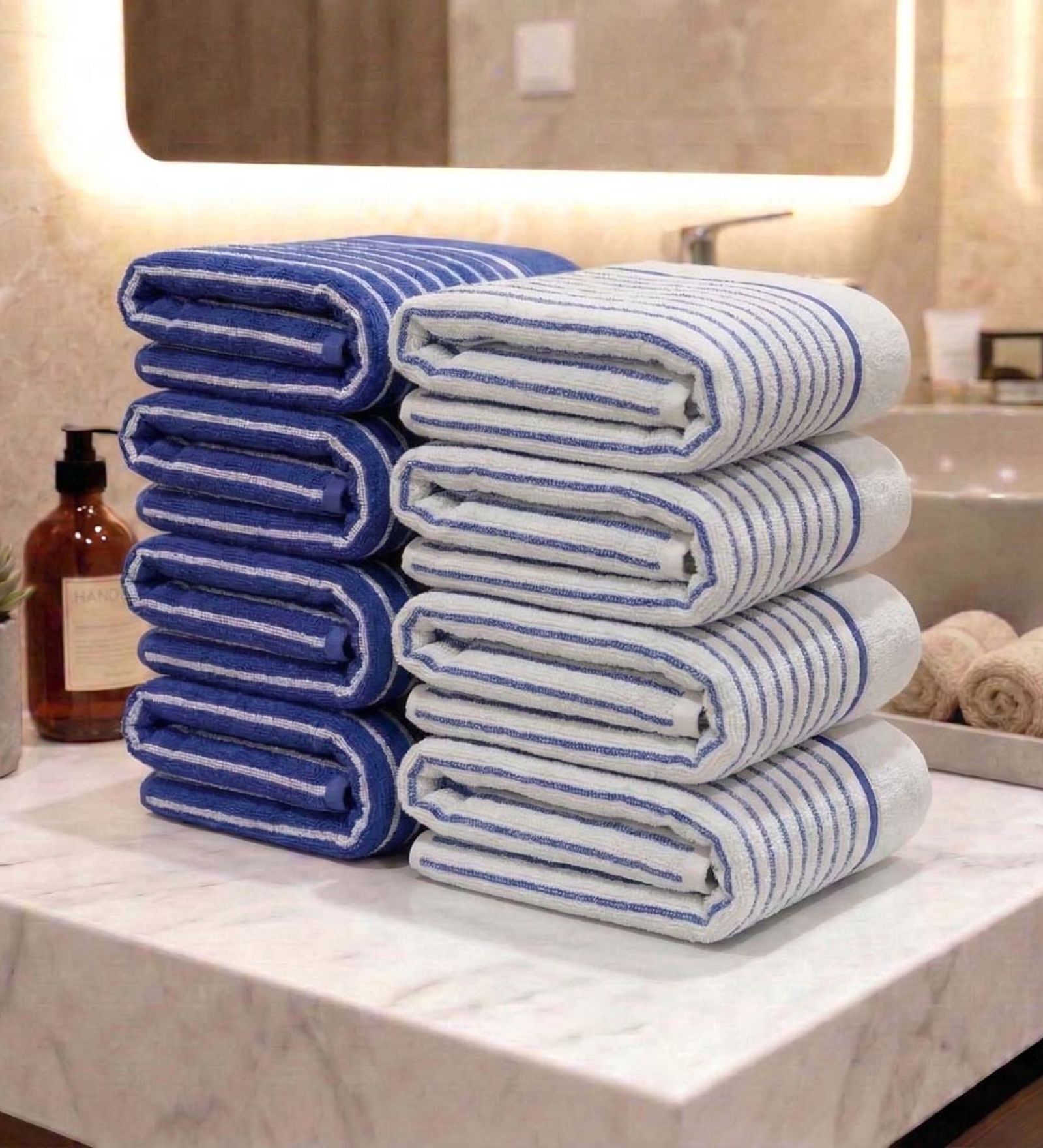 Blue & White With Blue Stripes 100% Cotton 400 Gsm Hand Towels Pack Of 8
