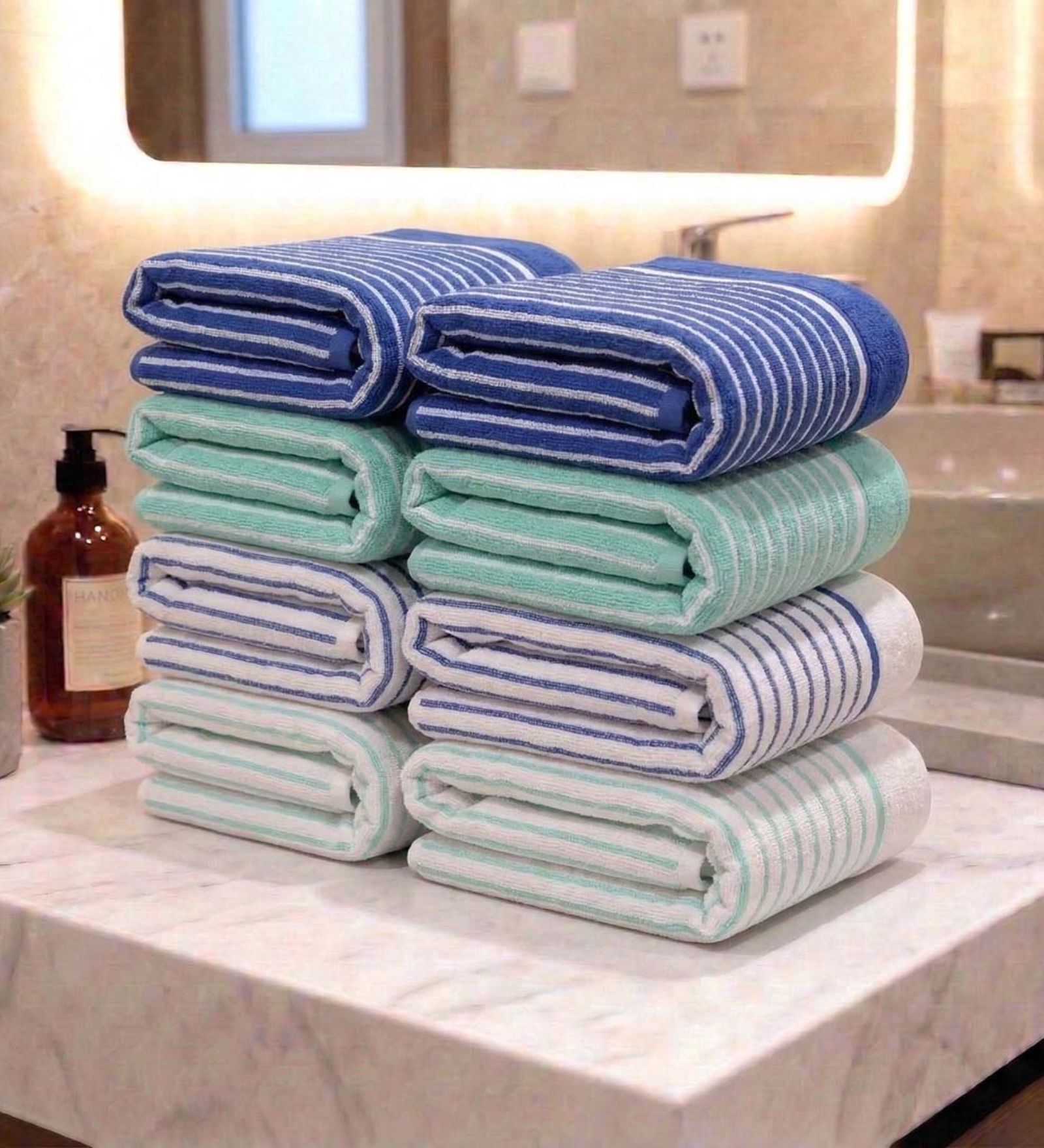Blue, Sea Green And White 100% Cotton 400 Gsm Hand Towels Pack Of 8