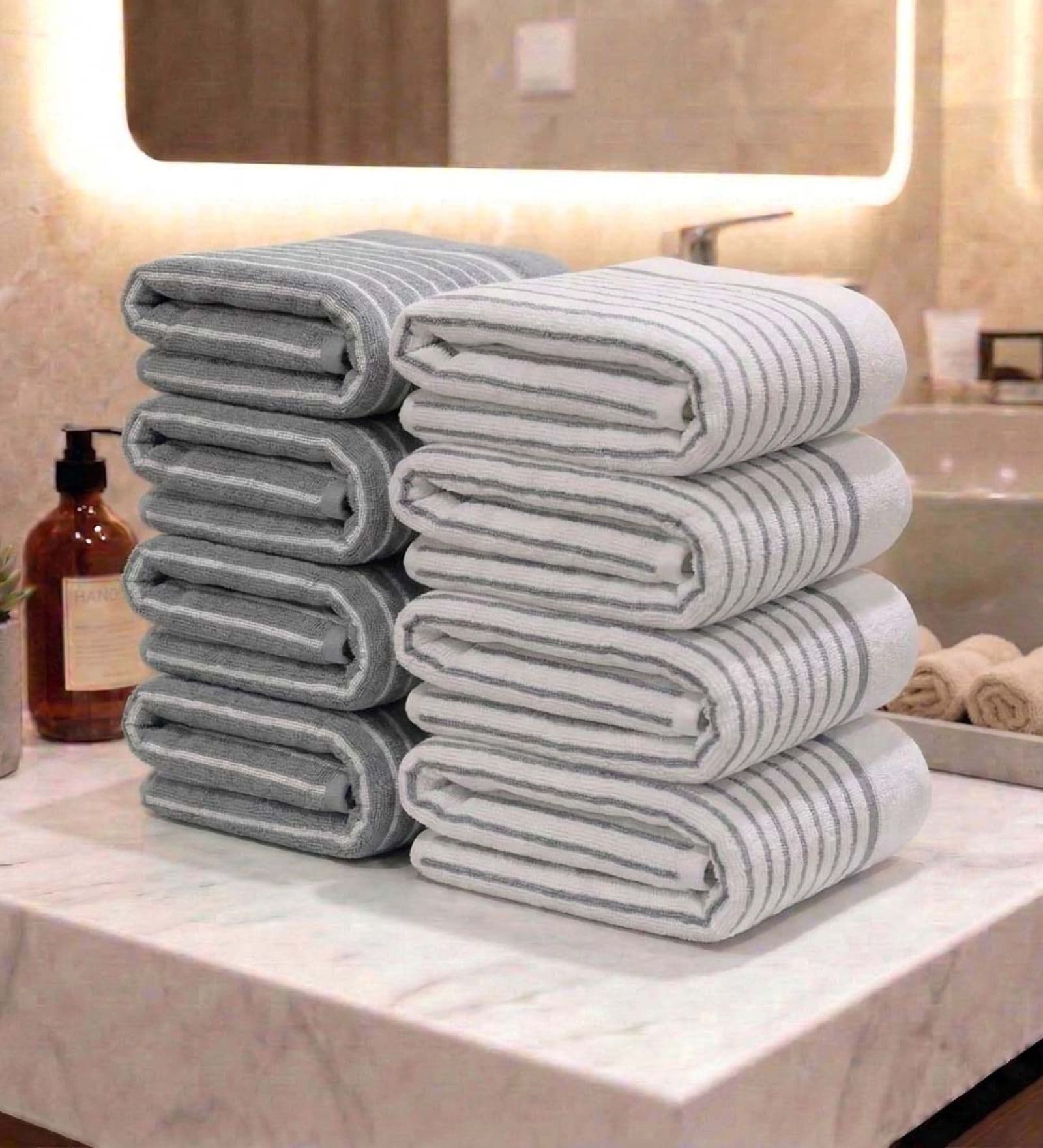 Grey And White Grey Stripes Grey 100% Cotton 400 Gsm Hand Towels Pack Of 8