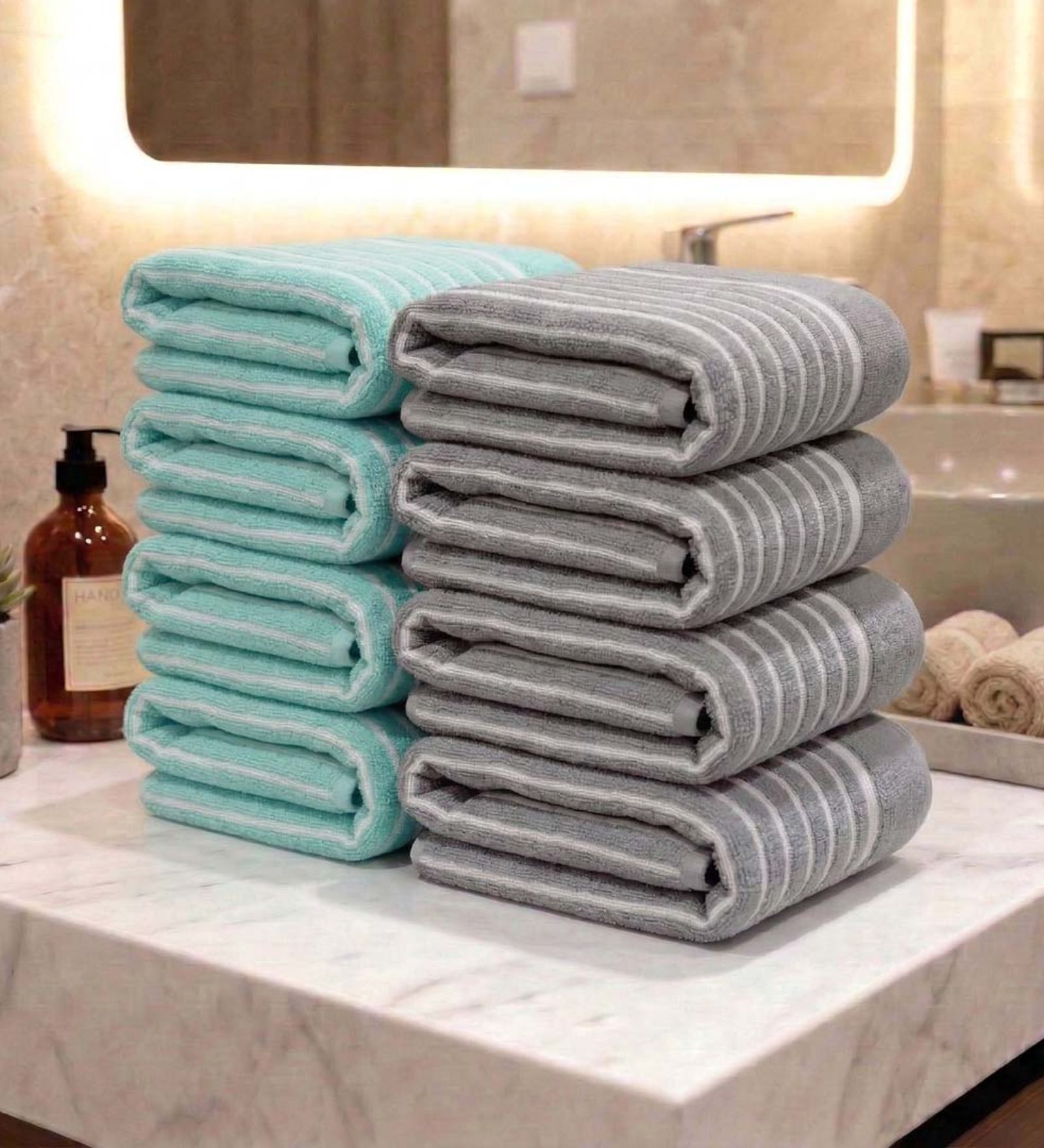 Sea Green & Grey 100% Cotton 400 Gsm Hand Towels Pack Of 8