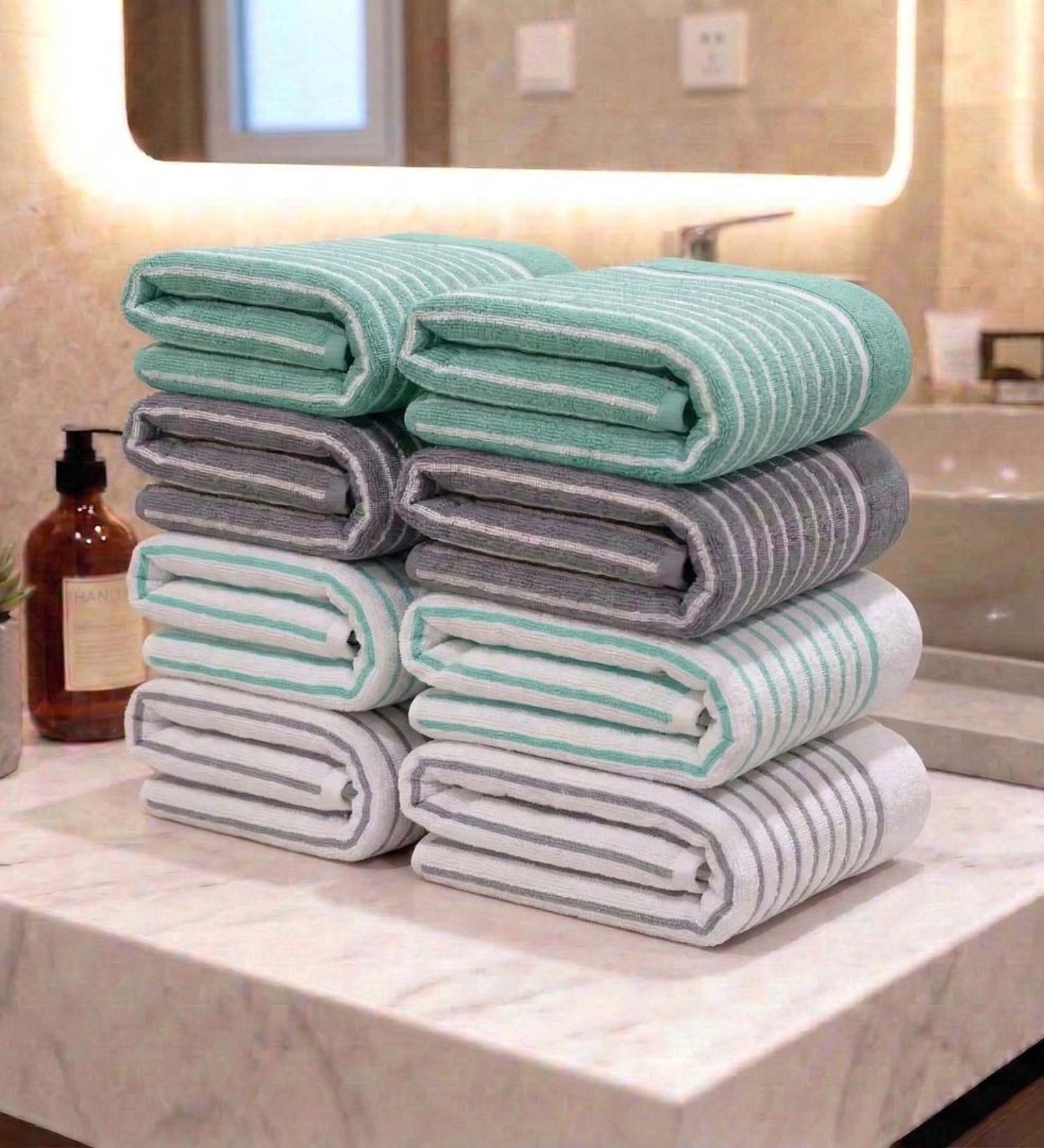 Sea Green, Grey And White 100% Cotton 400 Gsm Hand Towels Pack Of 8