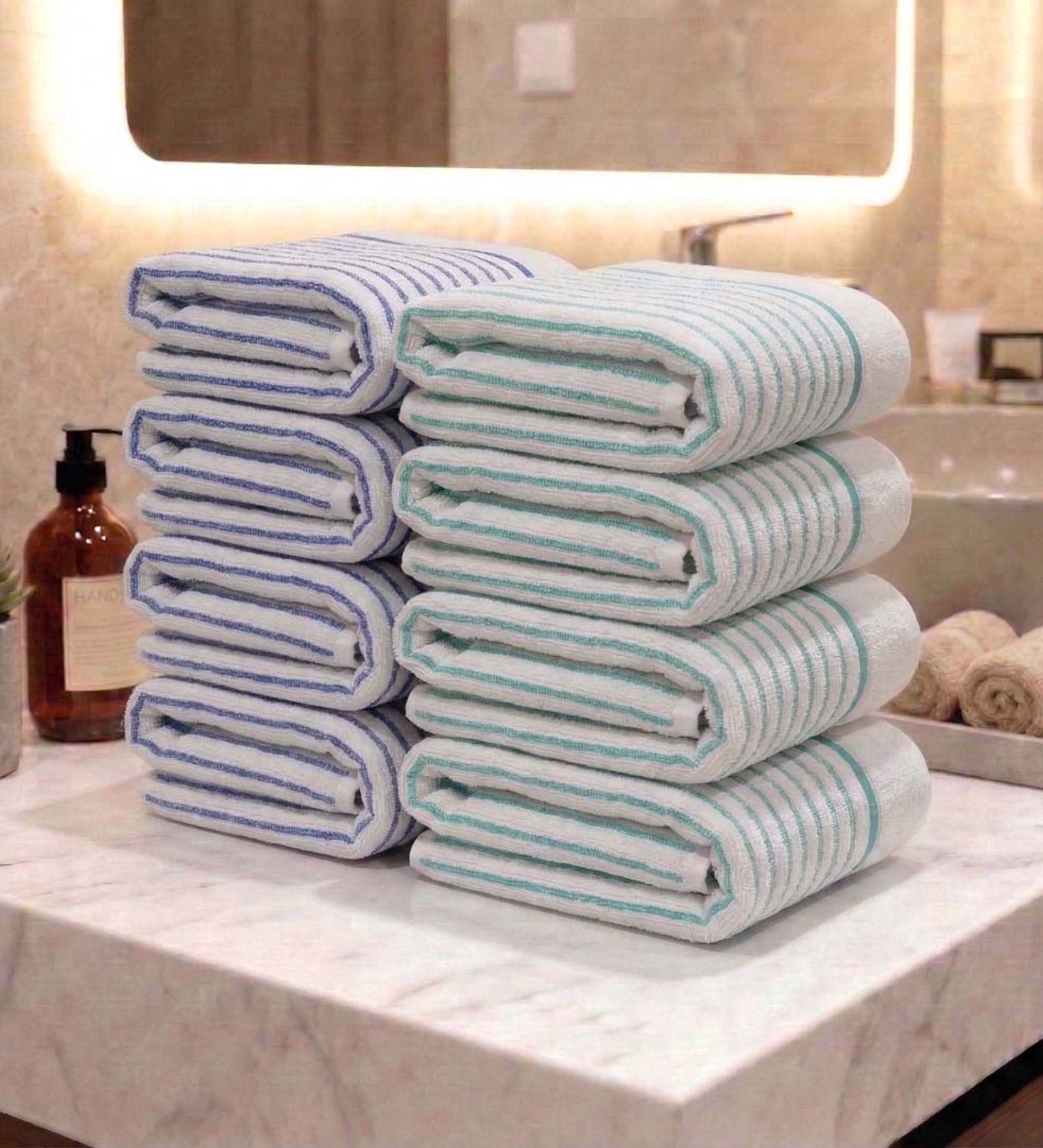 White With Blue & Sea Green Stripes 100% Cotton 400 Gsm Hand Towels Pack Of 8