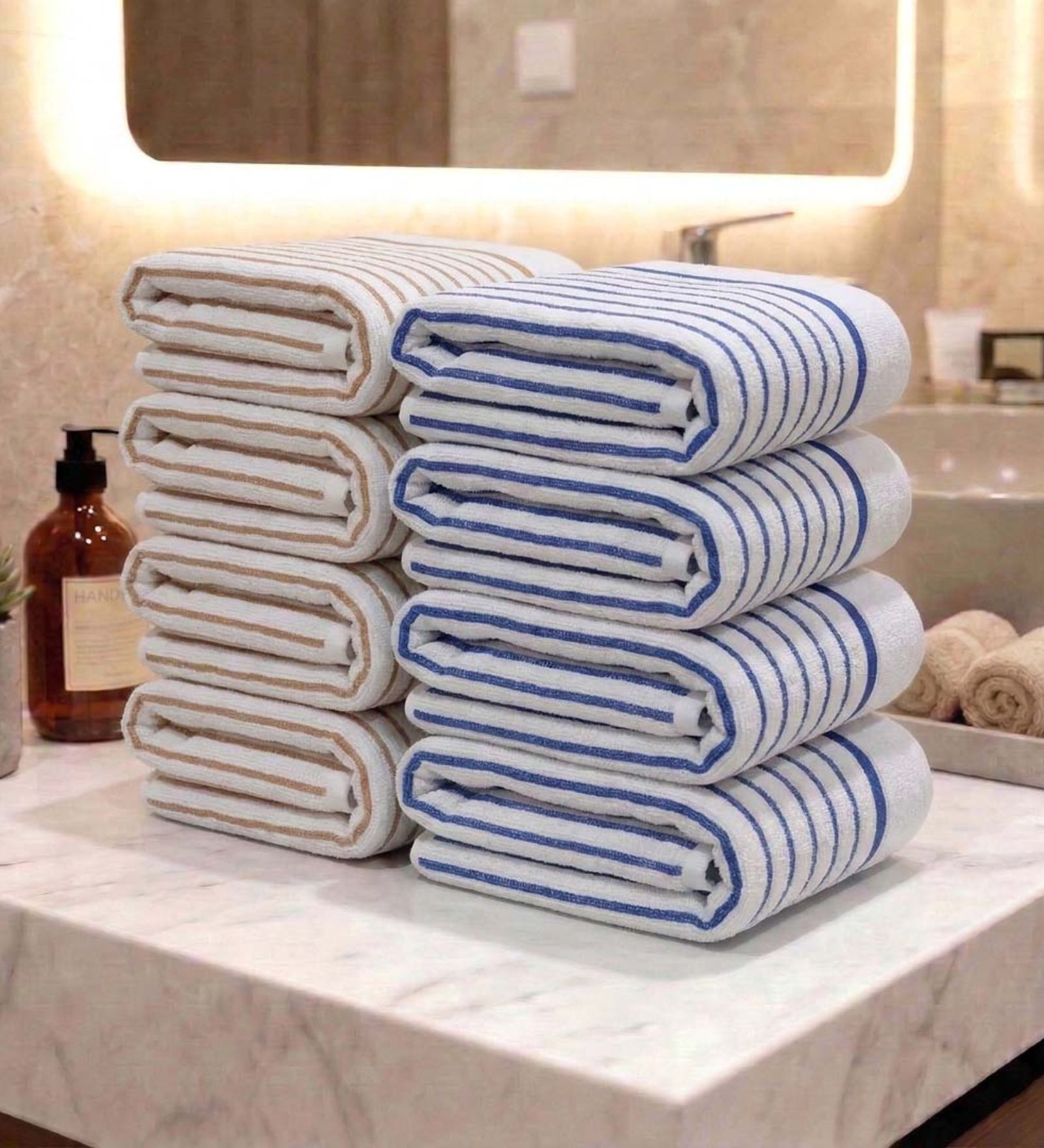 White With Brown & Blue Stripes 100% Cotton 400 Gsm Hand Towels Pack Of 8
