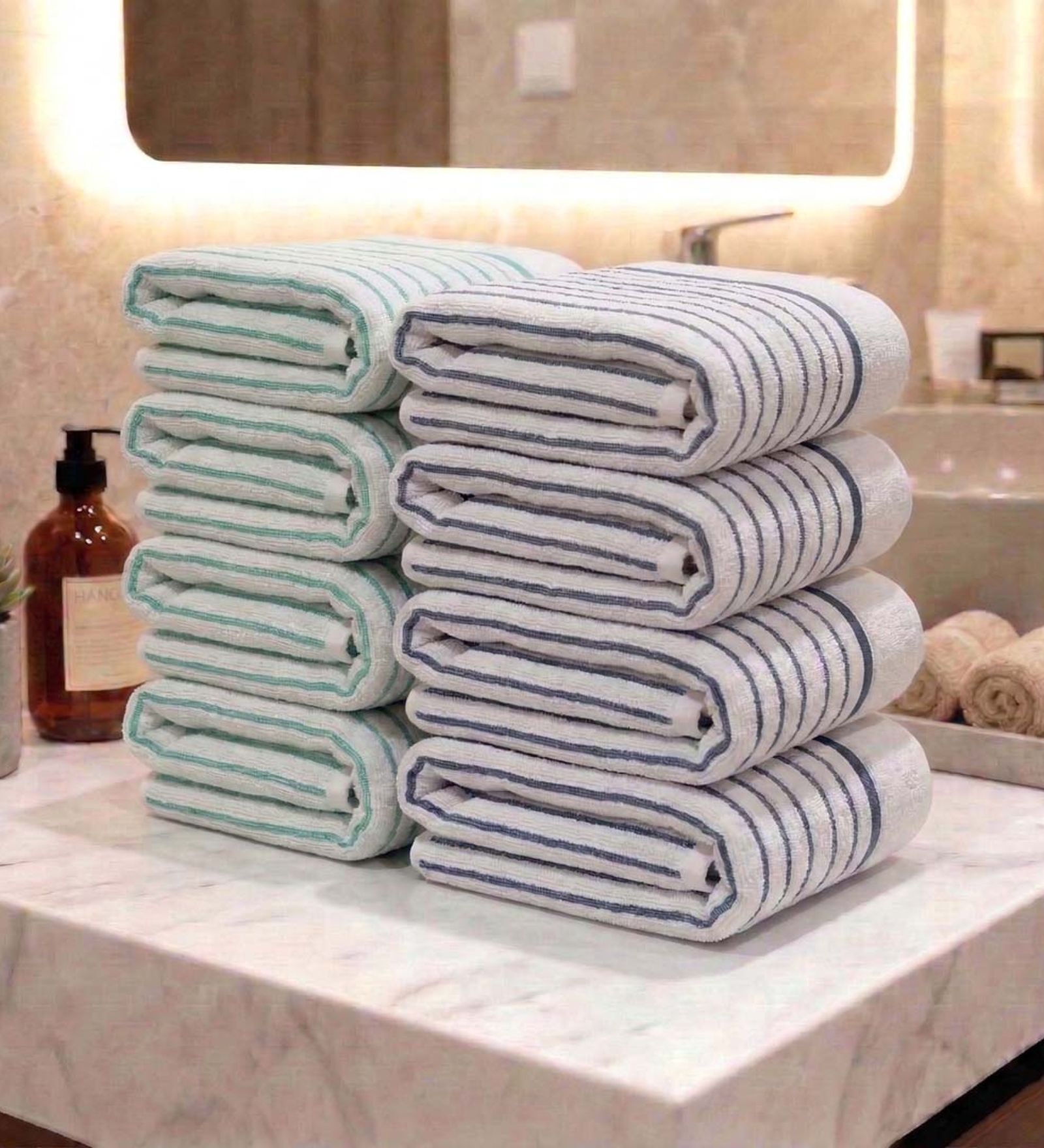 White With Sea Green & Grey Stripes 100% Cotton 400 Gsm Hand Towels Pack Of 8