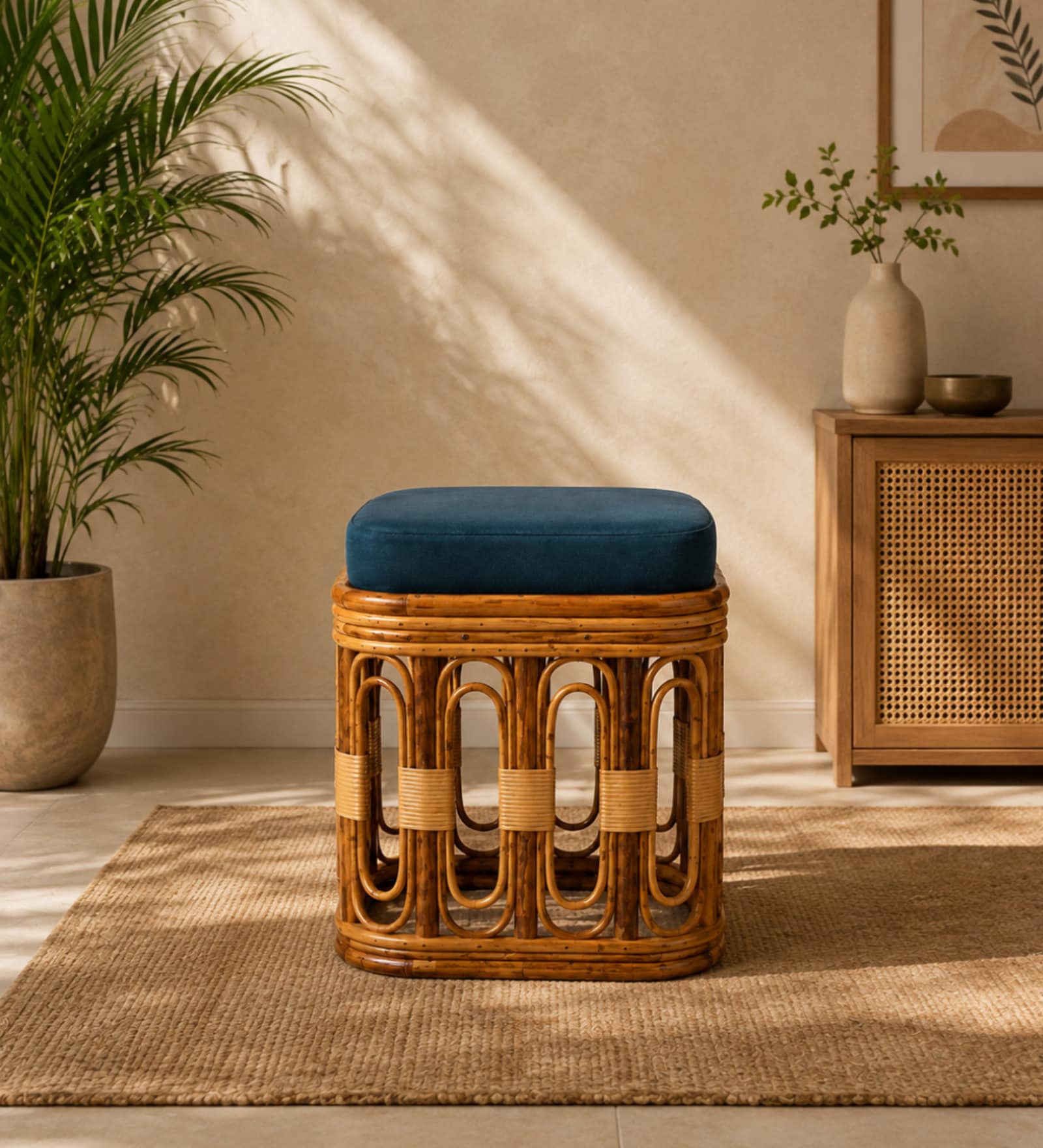 Premium Handcrafted Rattan Stool With Blue Velvet Fabric 