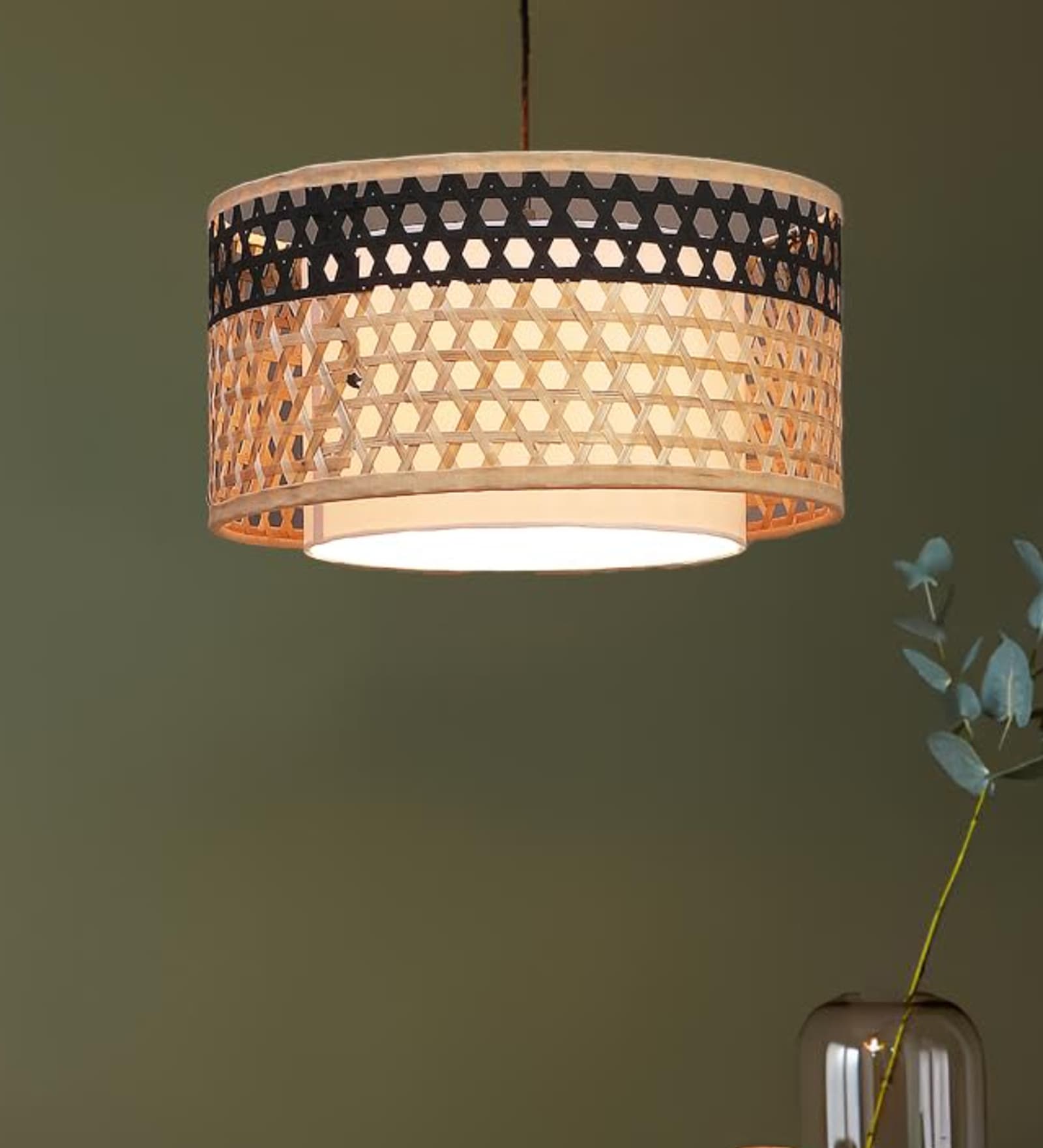 Premium Handmade Rattan Cane Pendant Hanging Light (Black & Black)