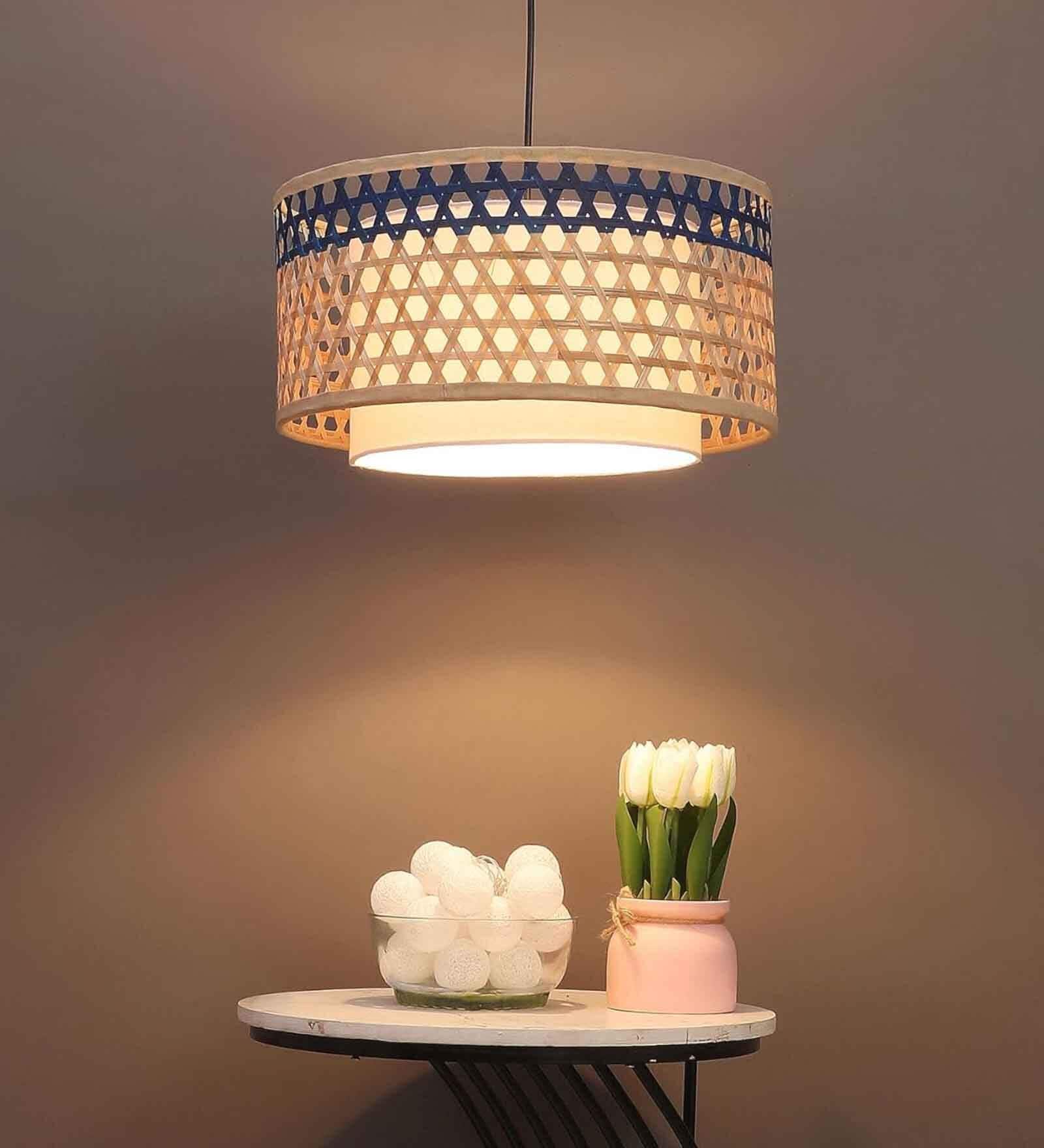 Premium Handmade Rattan Cane Pendant Hanging Light (Black & Blue)