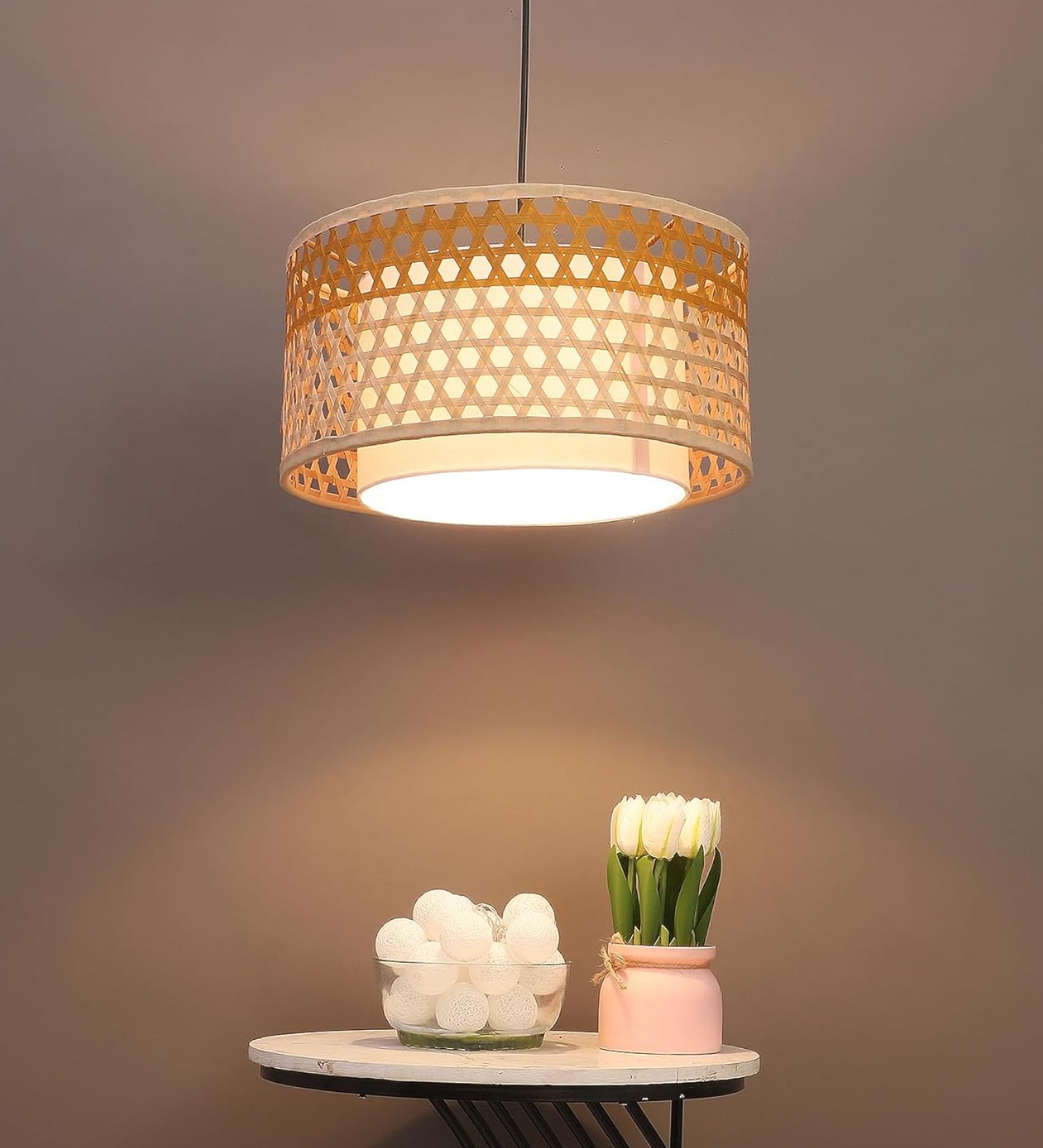 Premium Handmade Rattan Cane Pendant Hanging Light (Black & Musturd)