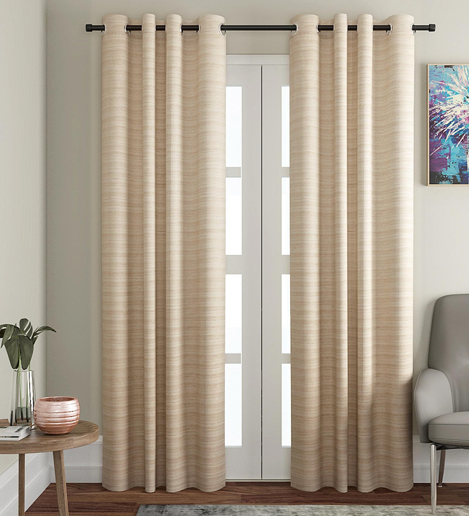 Brown Striped Silk 7 Ft Light Filtering Eyelet Door Curtain