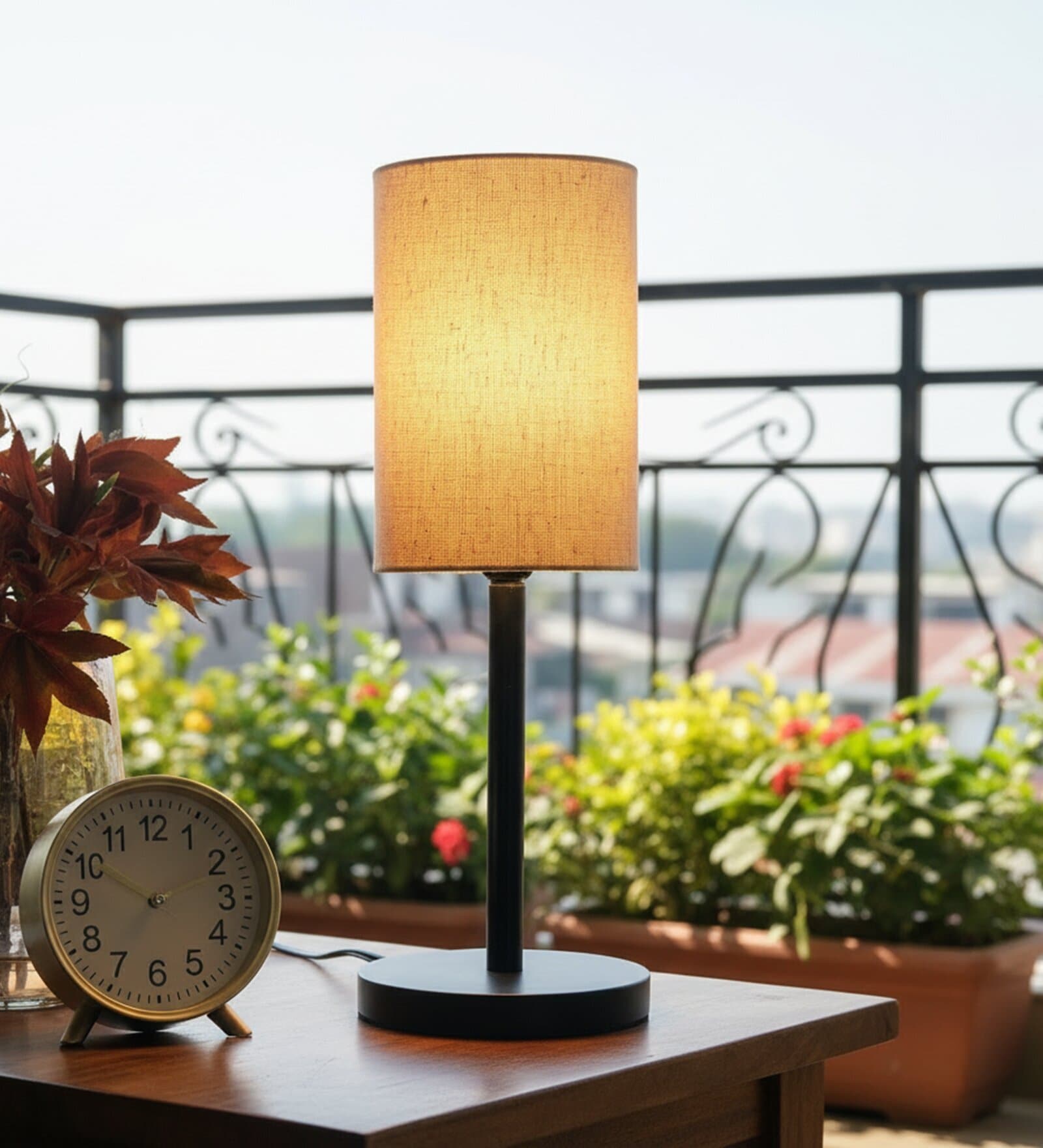 Premium Jute Cylinder Fabric Shade Table Lamp, Minimalist Bedside Lamp with Metal Base for Bedroom, Living Room & Study