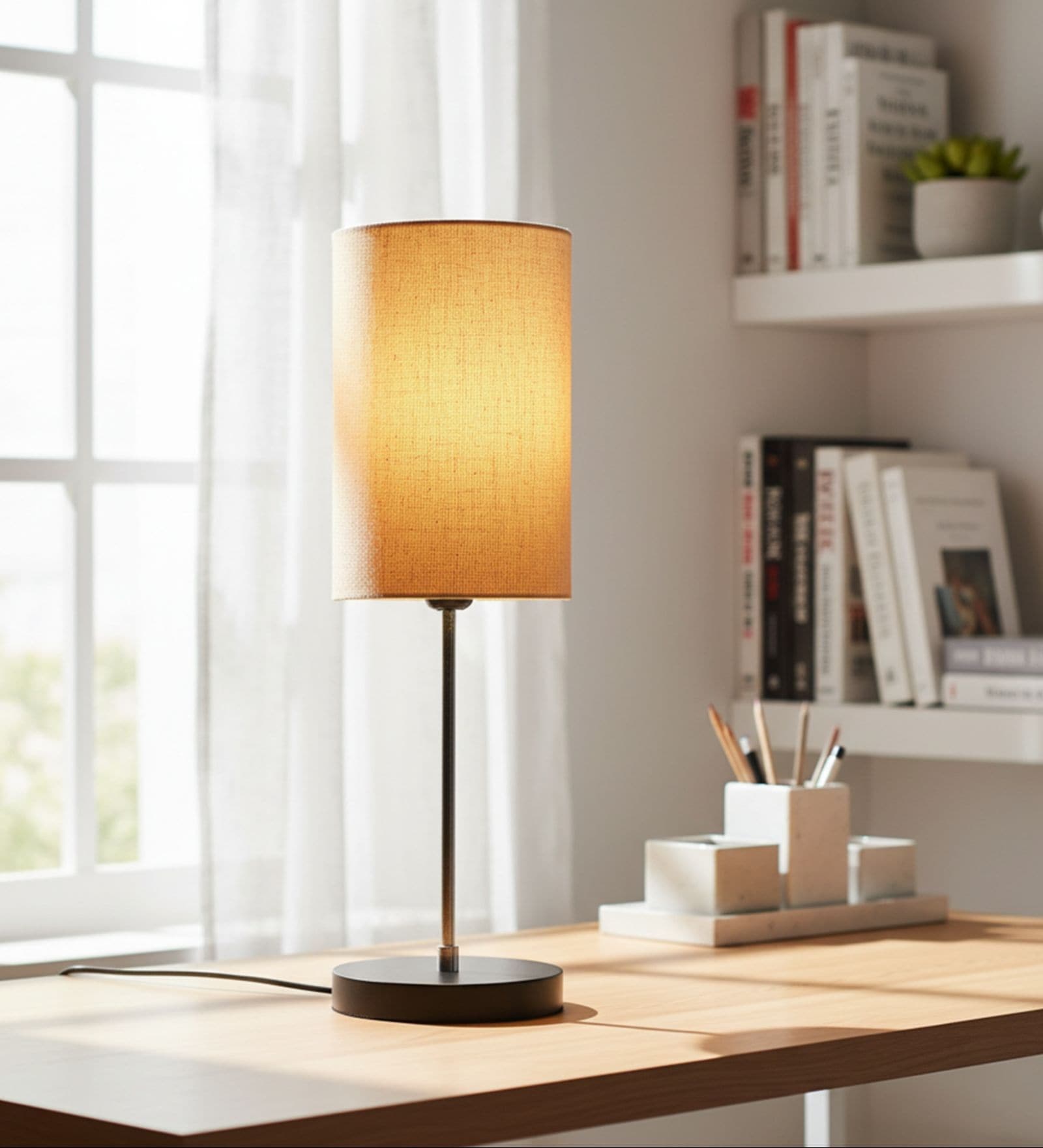 Premium Jute Cylinder Fabric Shade with Modern Silver & Black Table Lamp for Bedroom & Living Room