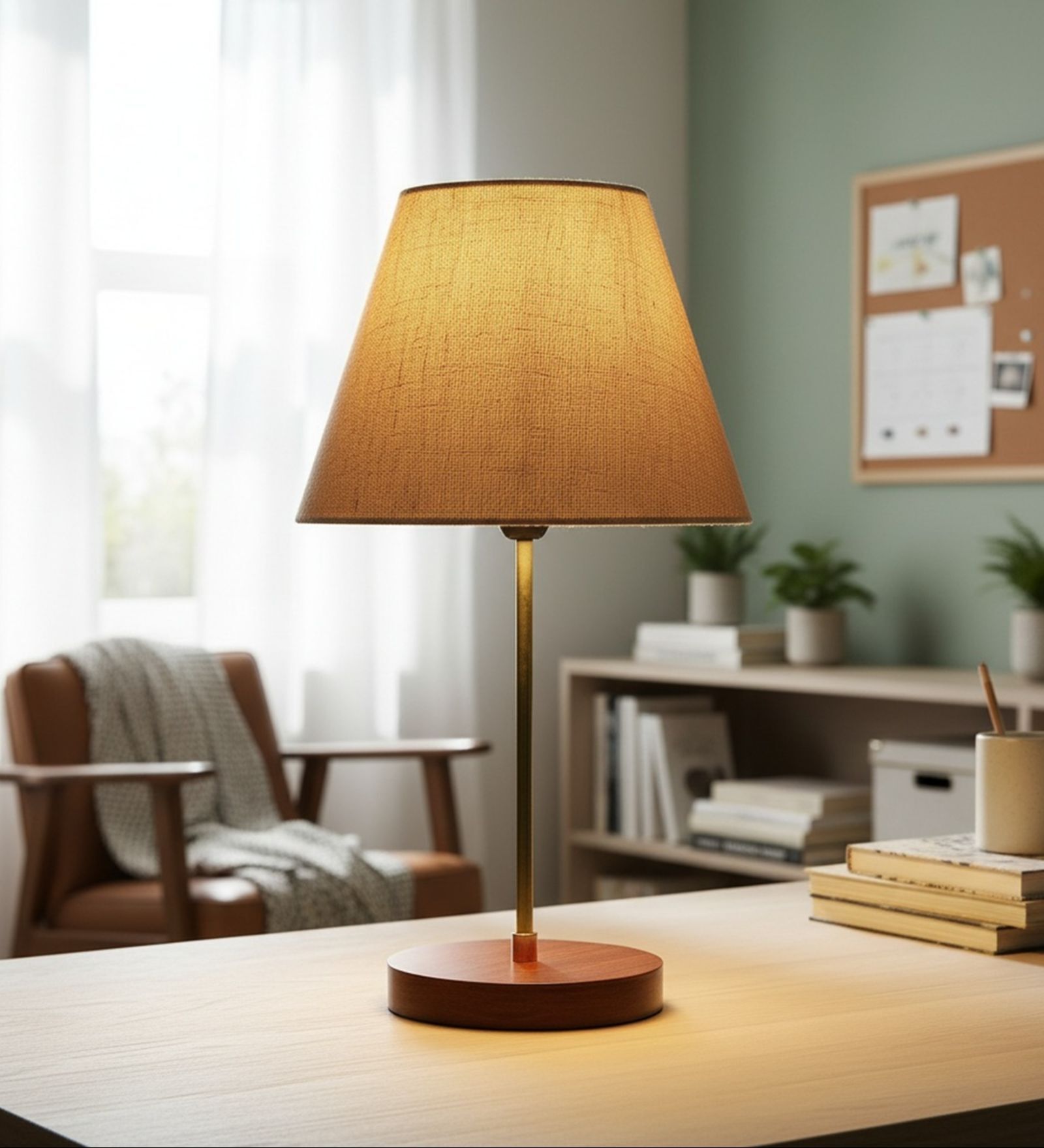 Premium Jute Fabric Shade Table Lamp, Brown Wooden Base Bedside & Desk Light for Bedroom, Living Room & Home Decor
