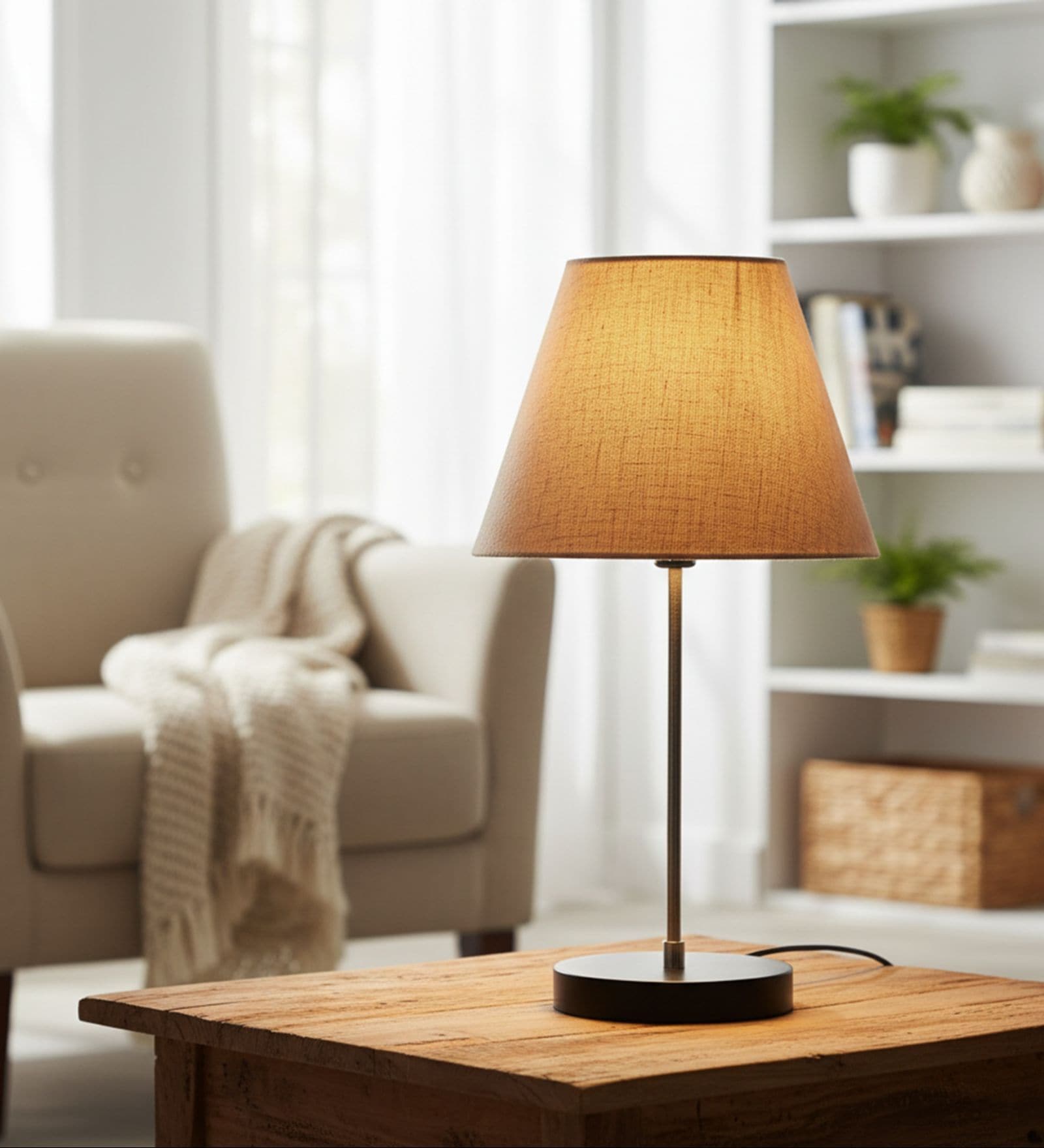 Premium Jute Fabric Shade with Modern Silver & Black Table Lamp for Bedroom & Living Room