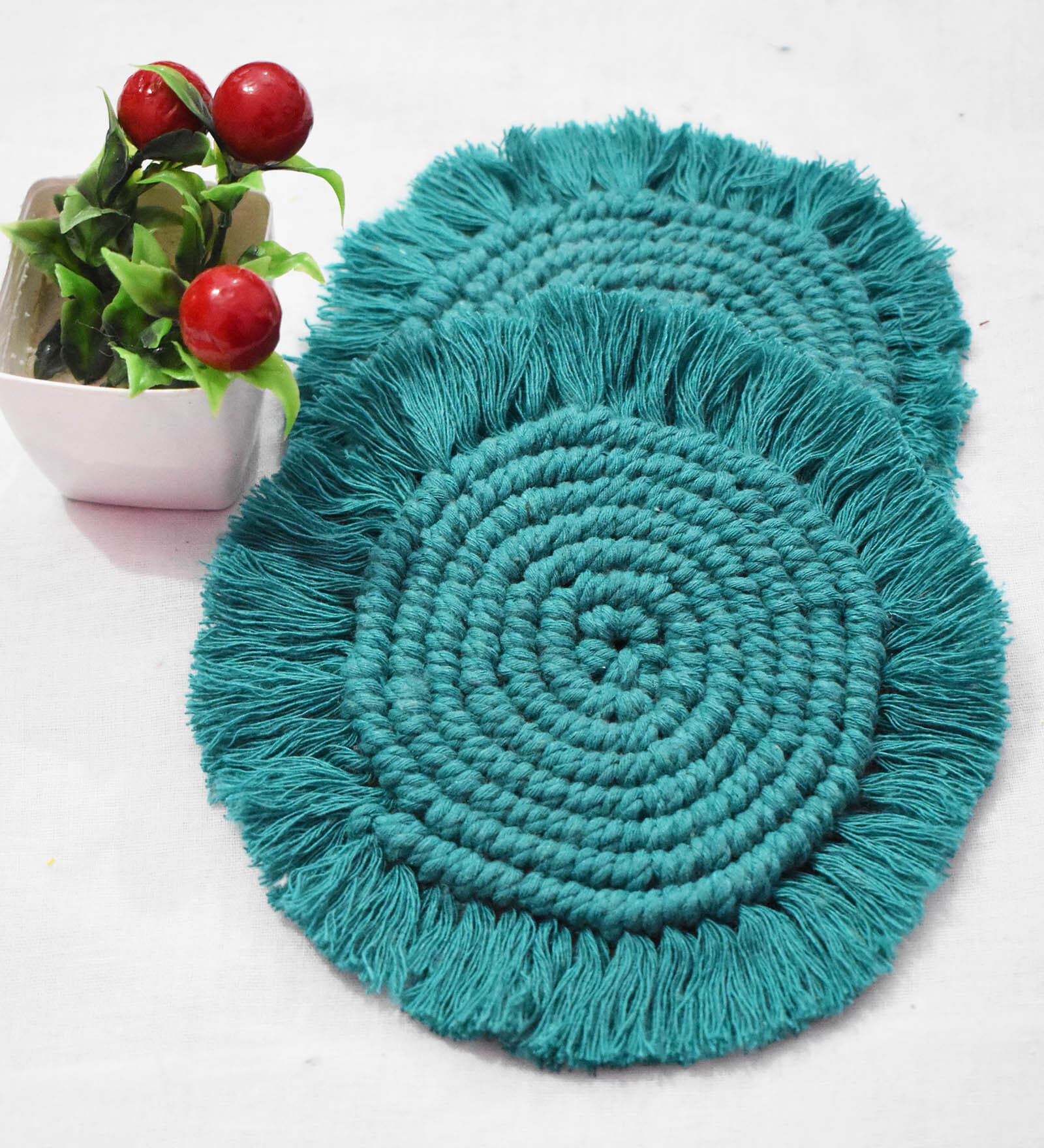 Premium Macrame Teal Blue (Set of 2) Cotton Coaster