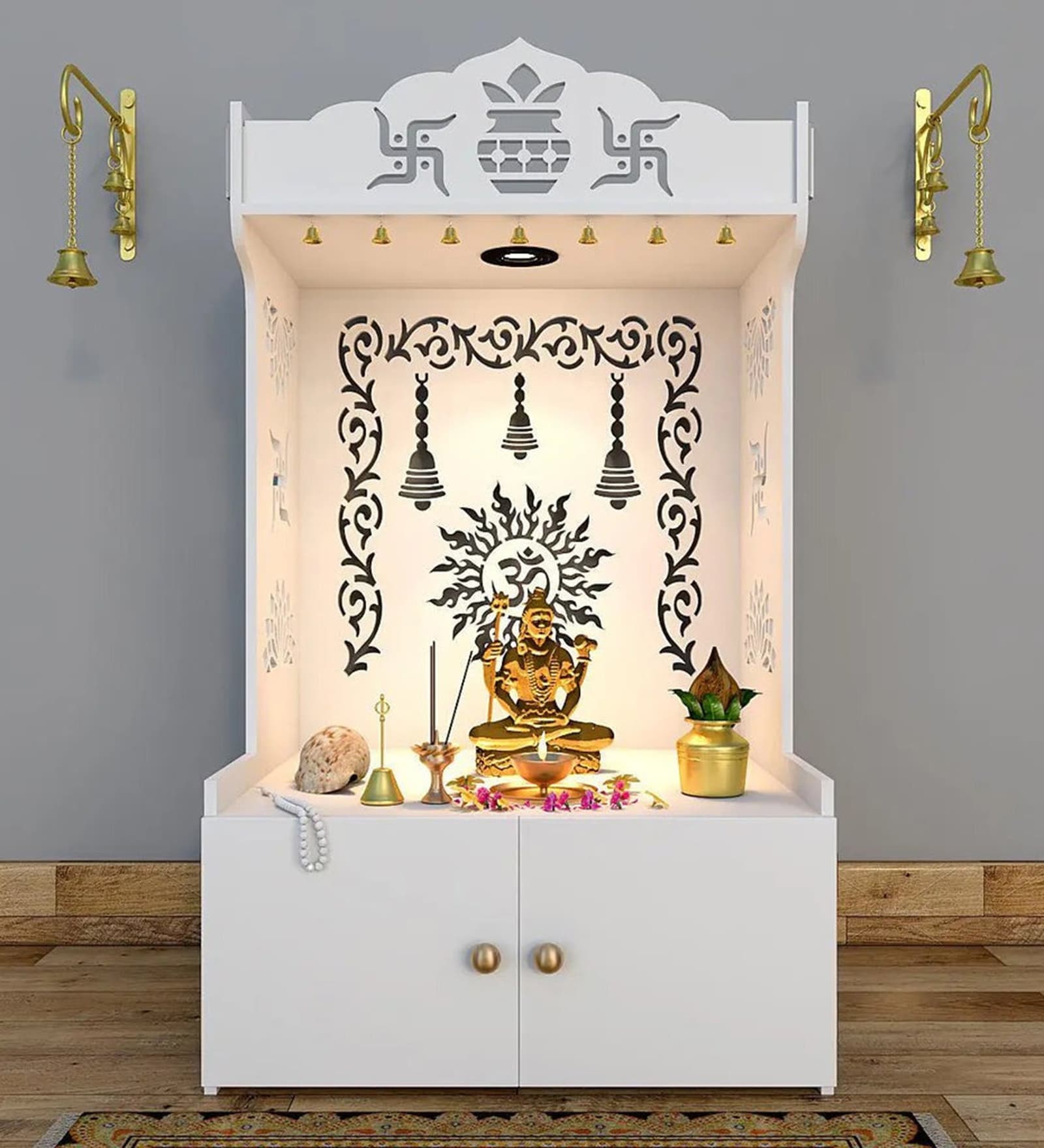 Premium White Wooden Floor Pooja Mandir with Laser-Cut Om Design & Storage Cabinet