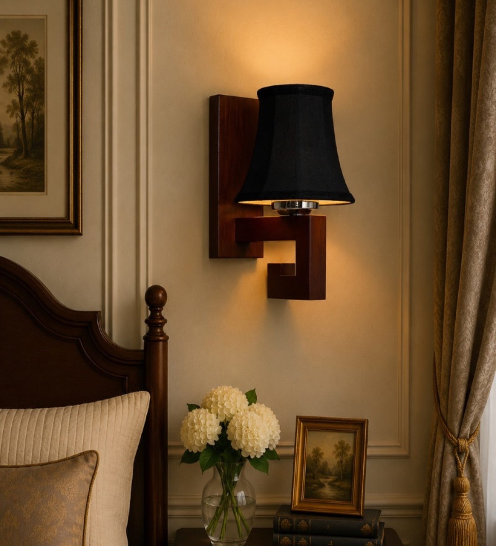 Premium Wood Wall Mounted Lamp with Black Cotton Shade for Hotel & Cafe