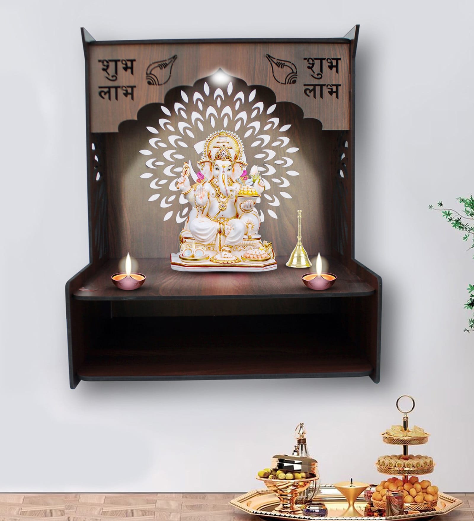 Premium Wooden Temple for Home with Spacious Shelf & Inbuilt Focus Lights