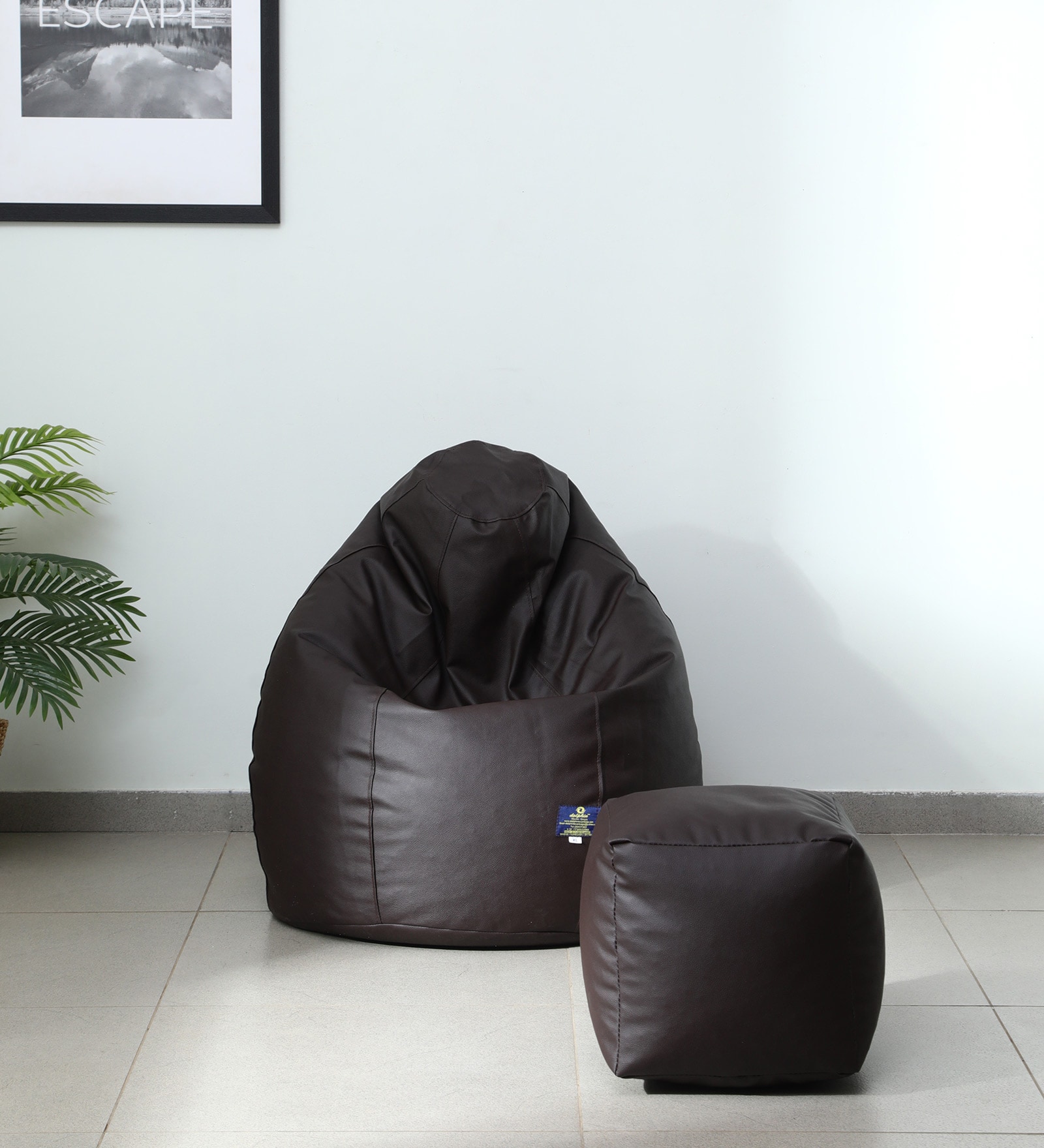 Premium XL Leatherette Bean Bag with Beans in Brown Colour with Pouffe