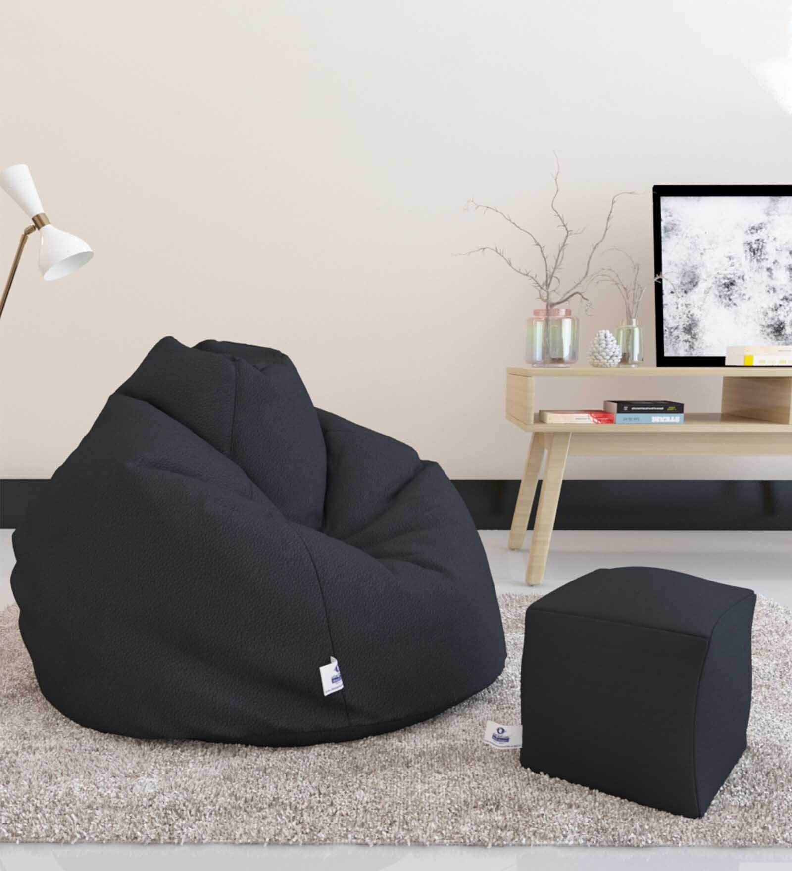 Buy Premium XXXL Leatherette Bean Bag with Beans in Black Colour with