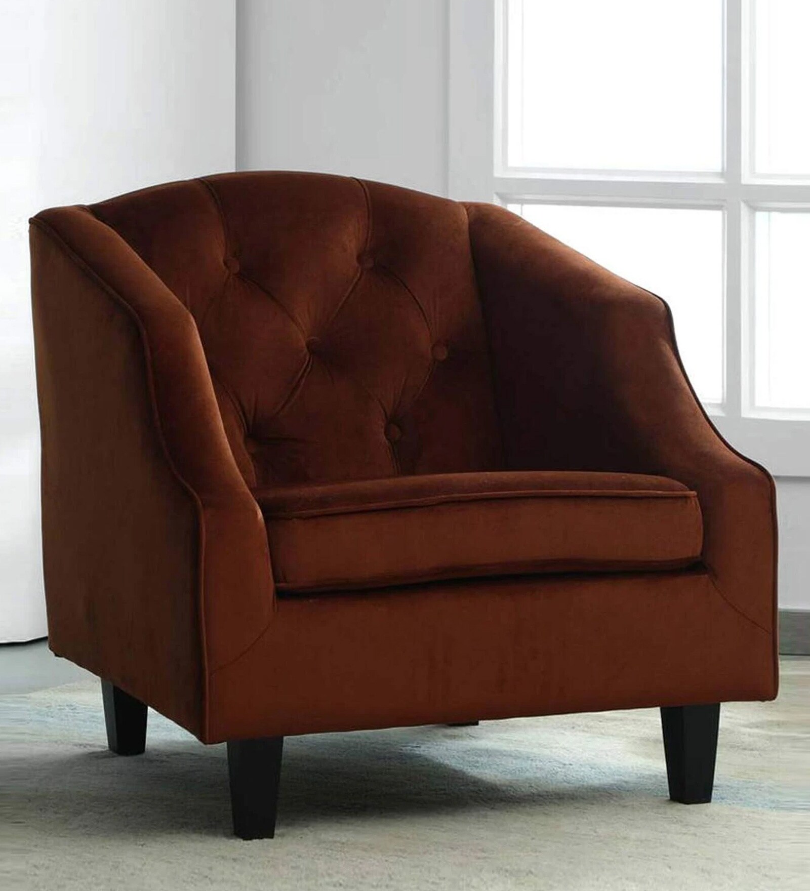 Prescot Velvet Full Back Lounge Chair In Rust Brown Colour