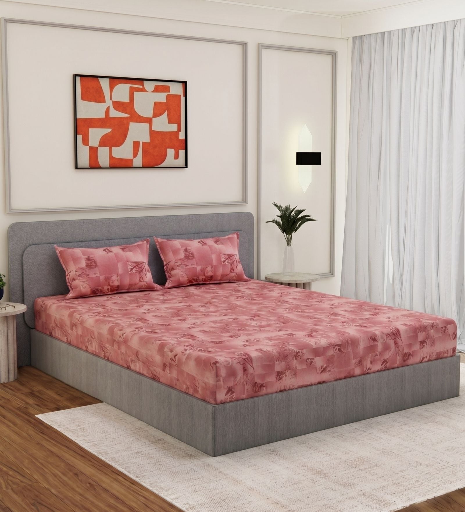 Pink Ptachwork 144 TC Cotton Double Size Bedsheet With 2 Pillow Covers