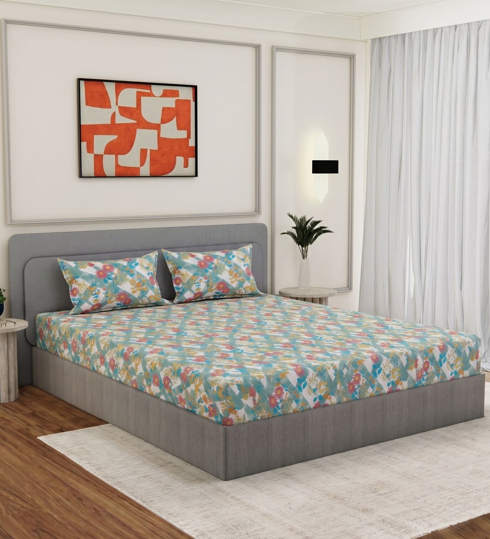 Blue Vertical Floral 144 TC Cotton Double Size Bedsheet With 2 Pillow Covers